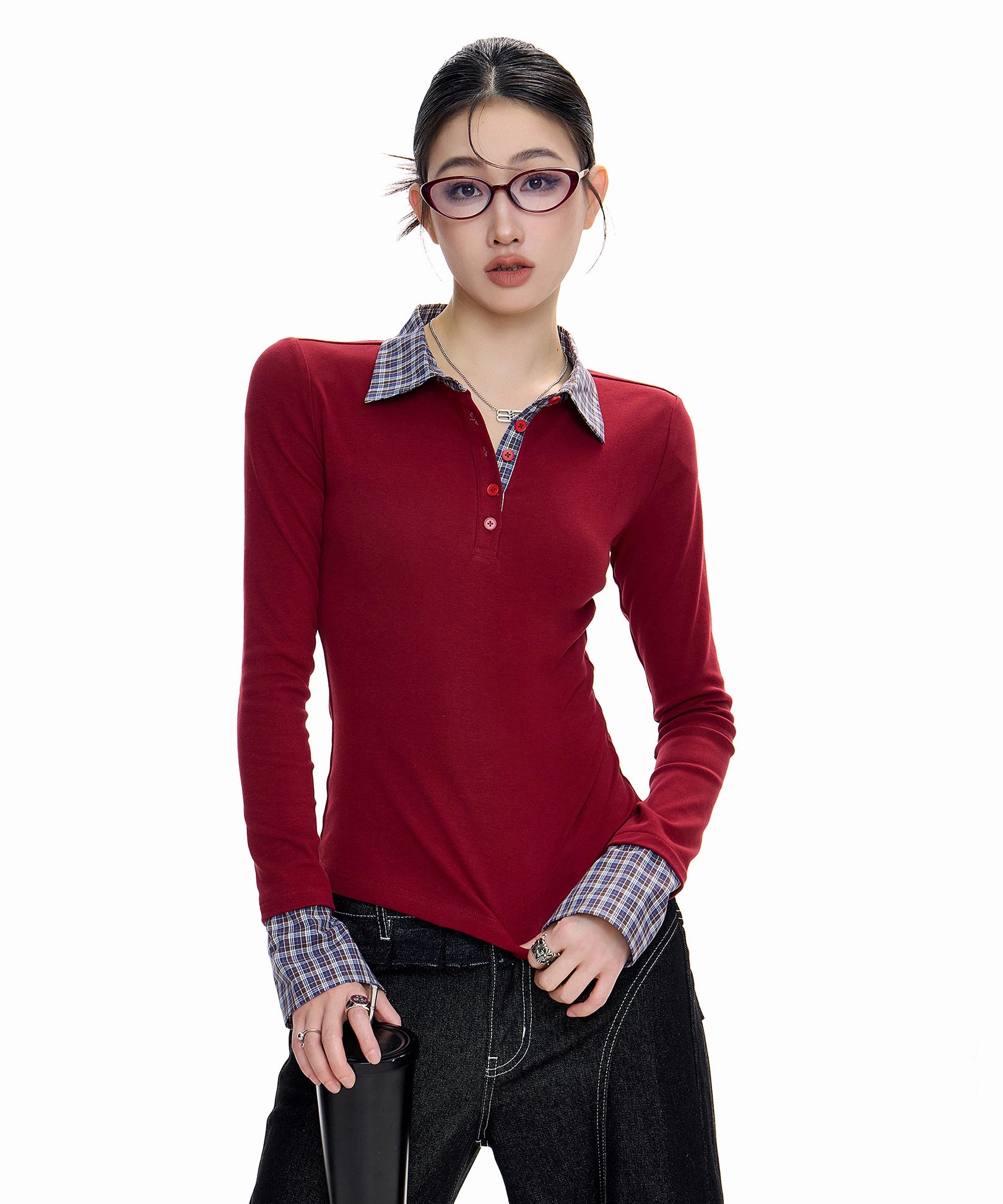 ICH MODE 美式复古格子拼接长袖POLOT恤女秋冬修身正肩上衣打底衫