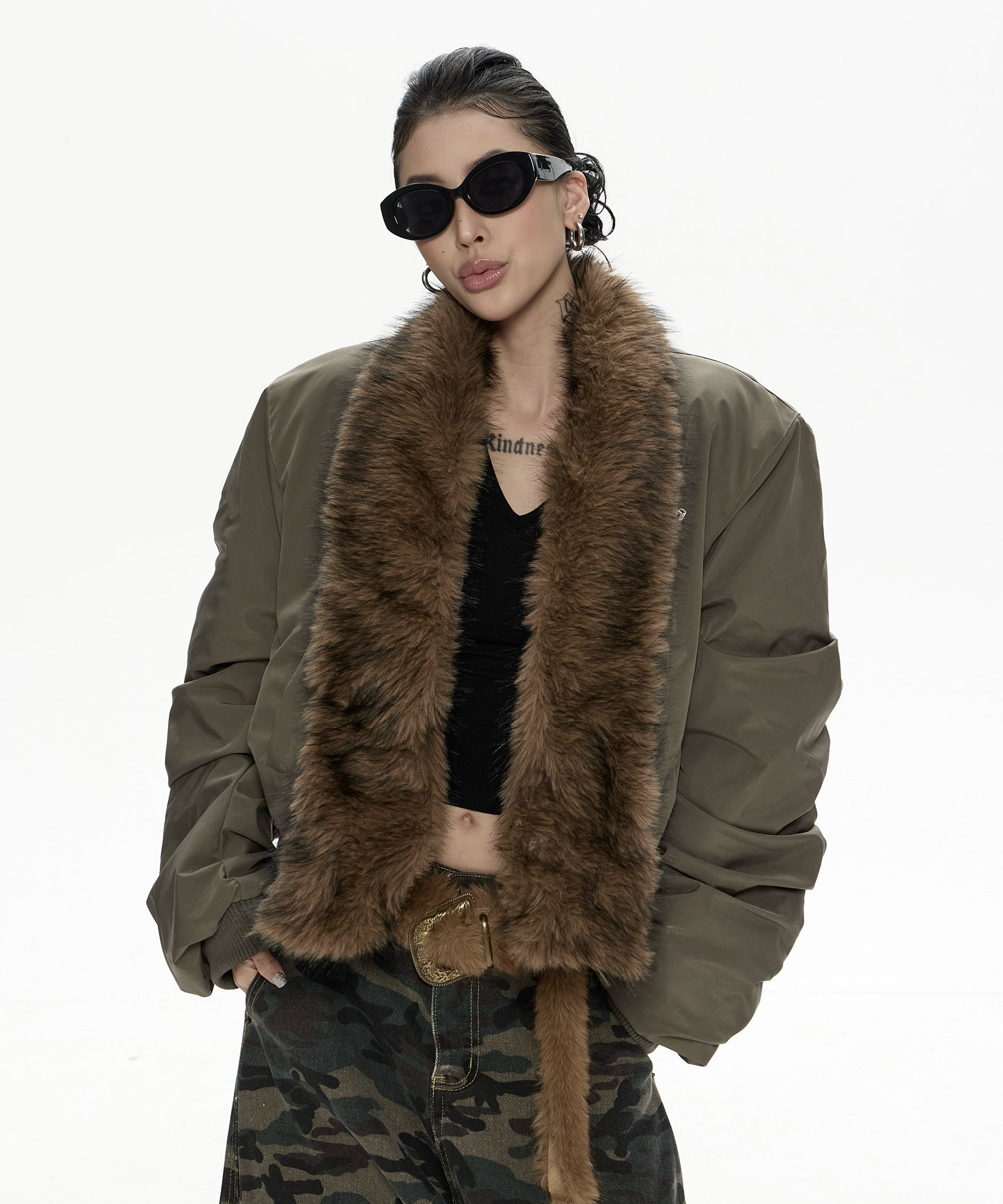 野生zero带毛领宽松加厚棉服女秋冬新款美式复古宽松开衫棉衣外套