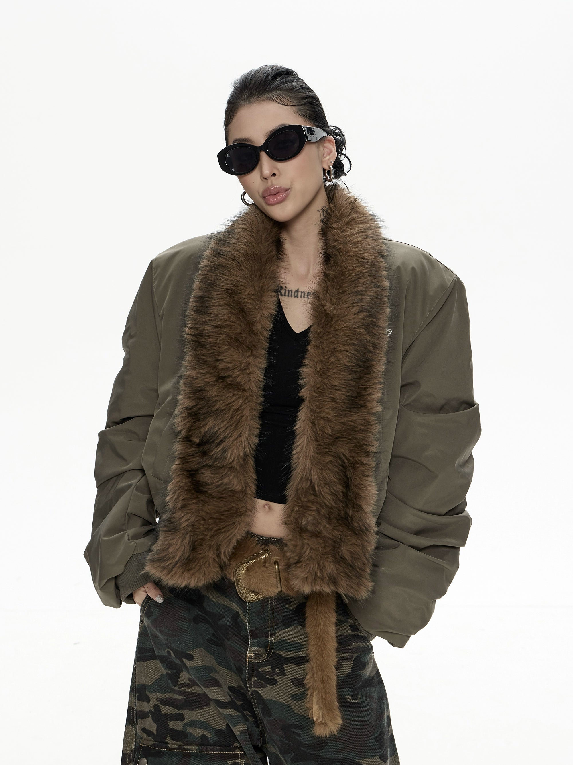 野生zero带毛领宽松加厚棉服女秋冬新款美式复古宽松开衫棉衣外套