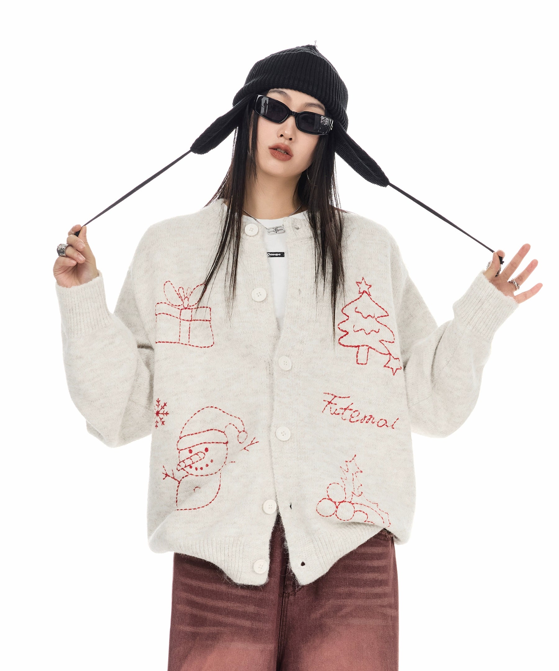 ICH MODE 美式复古圣诞针织毛衣开衫女2025新款秋冬休闲毛衣外套