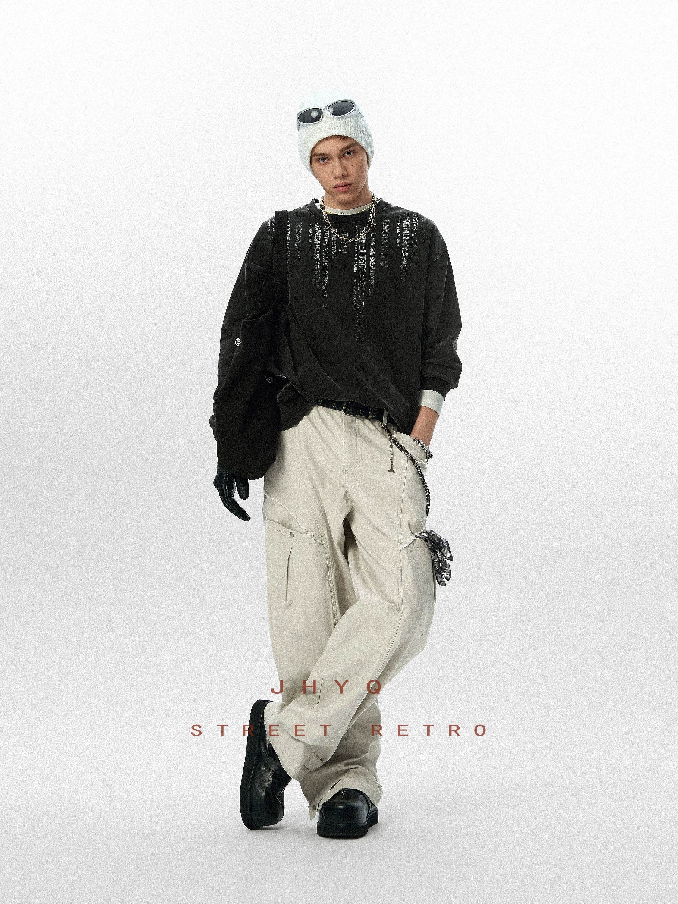 【代码】JHYQ秋季新款320G重磅美式水洗长袖T恤男士圆领休闲卫衣