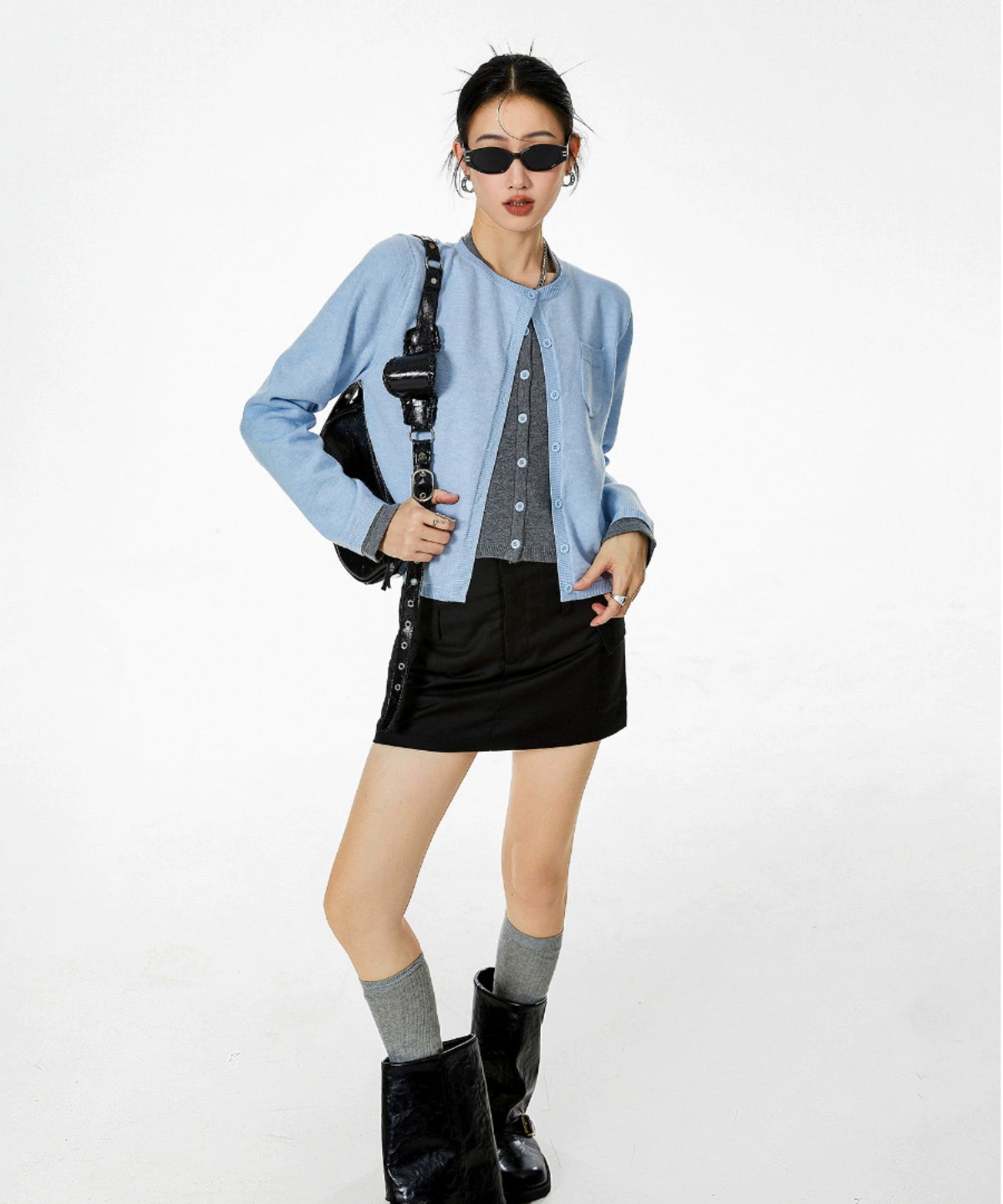 ICH MODE 美式复古假两件针织开衫女秋冬毛衣外套打底衫长袖上衣