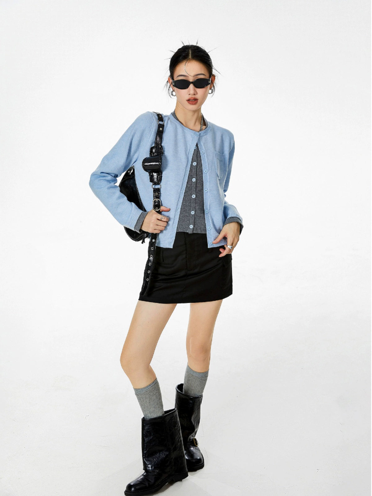 ICH MODE 美式复古假两件针织开衫女秋冬毛衣外套打底衫长袖上衣