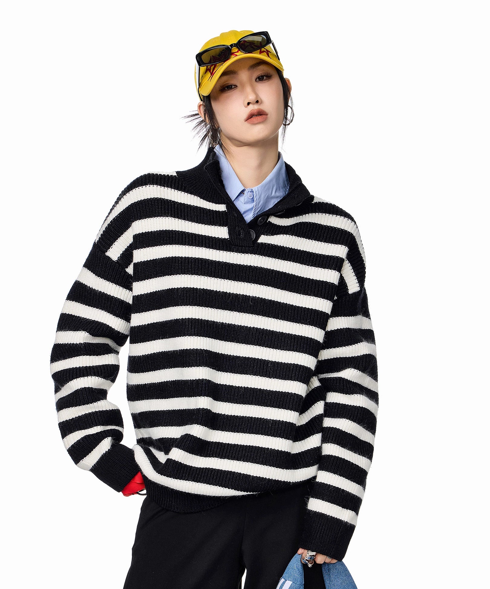 ICH MODE 美式复古POLO领条纹针织衫女秋冬宽松高领毛衣打底上衣