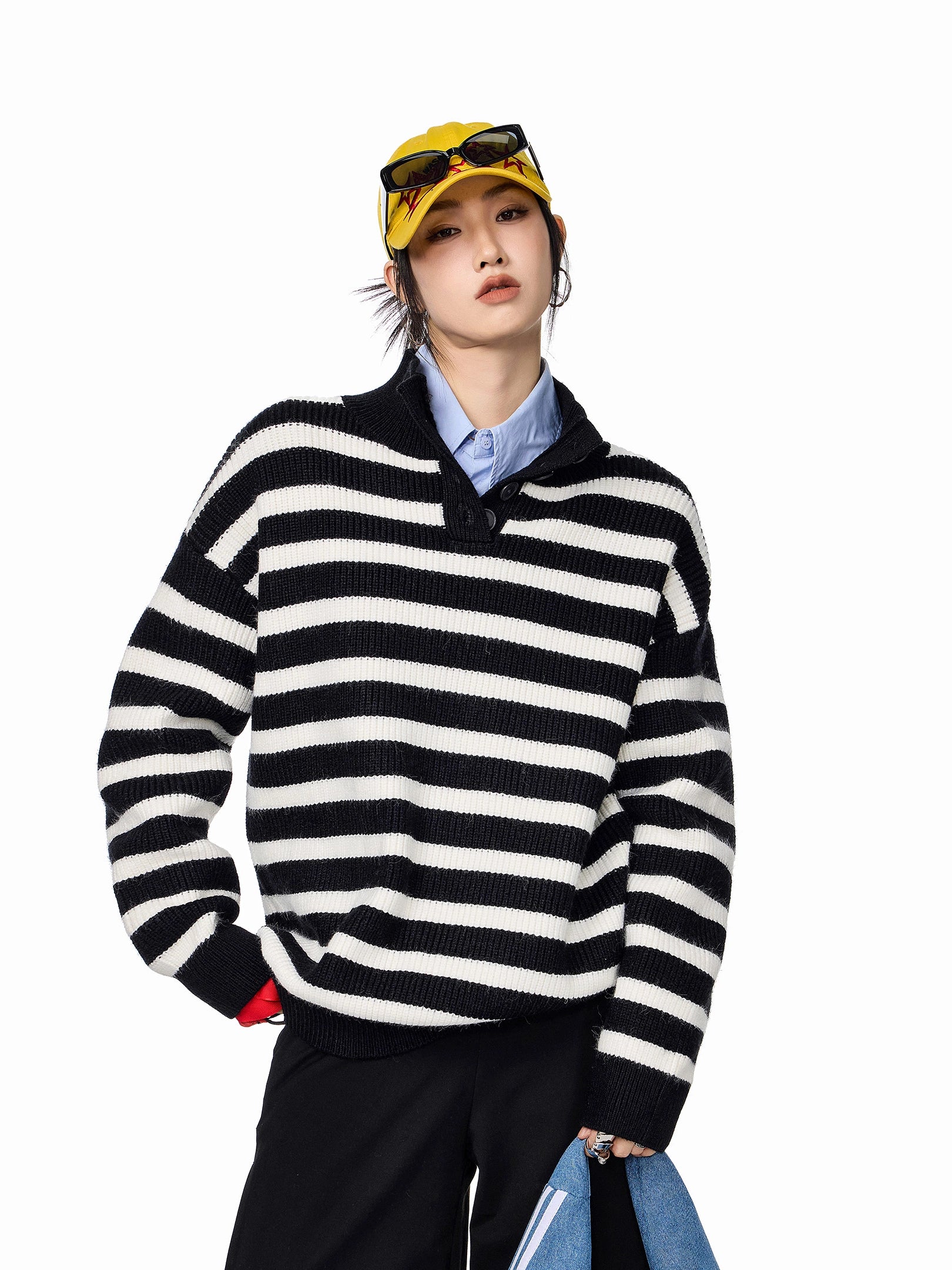 ICH MODE 美式复古POLO领条纹针织衫女秋冬宽松高领毛衣打底上衣