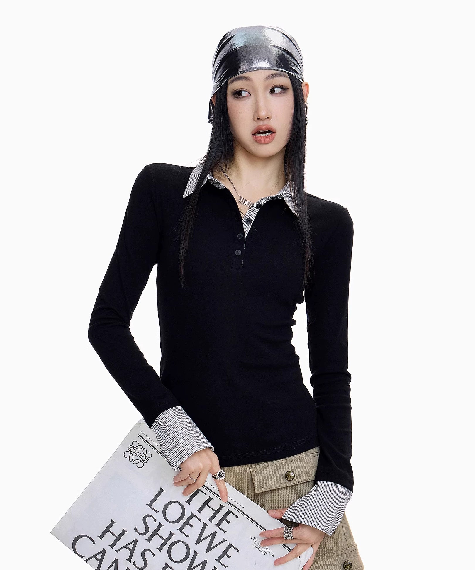 ICH MODE 美式假两件POLO领T恤女秋冬修身长袖格子内搭打底衫上衣