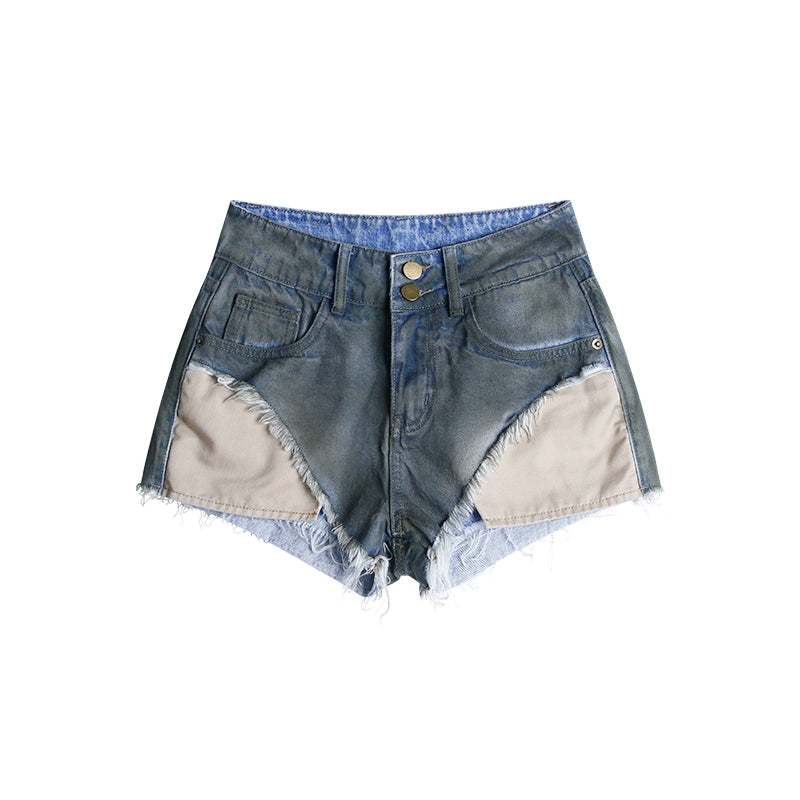 野生zero复古水洗高腰毛边牛仔短裤女夏设计感小众辣妹显瘦热裤子