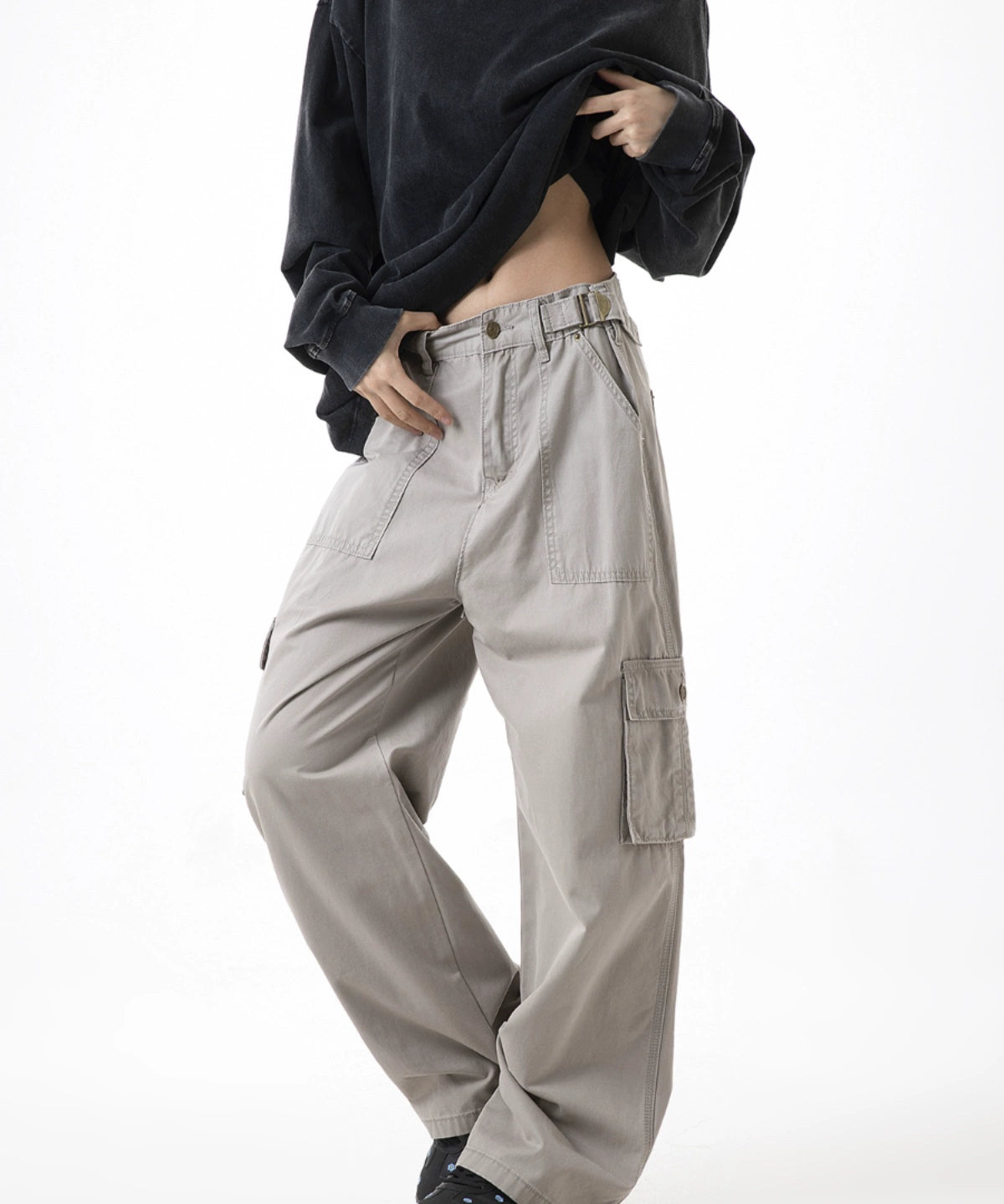 ICH MODE 美式复古口袋工装裤女2025新款秋宽松直筒阔腿休闲裤