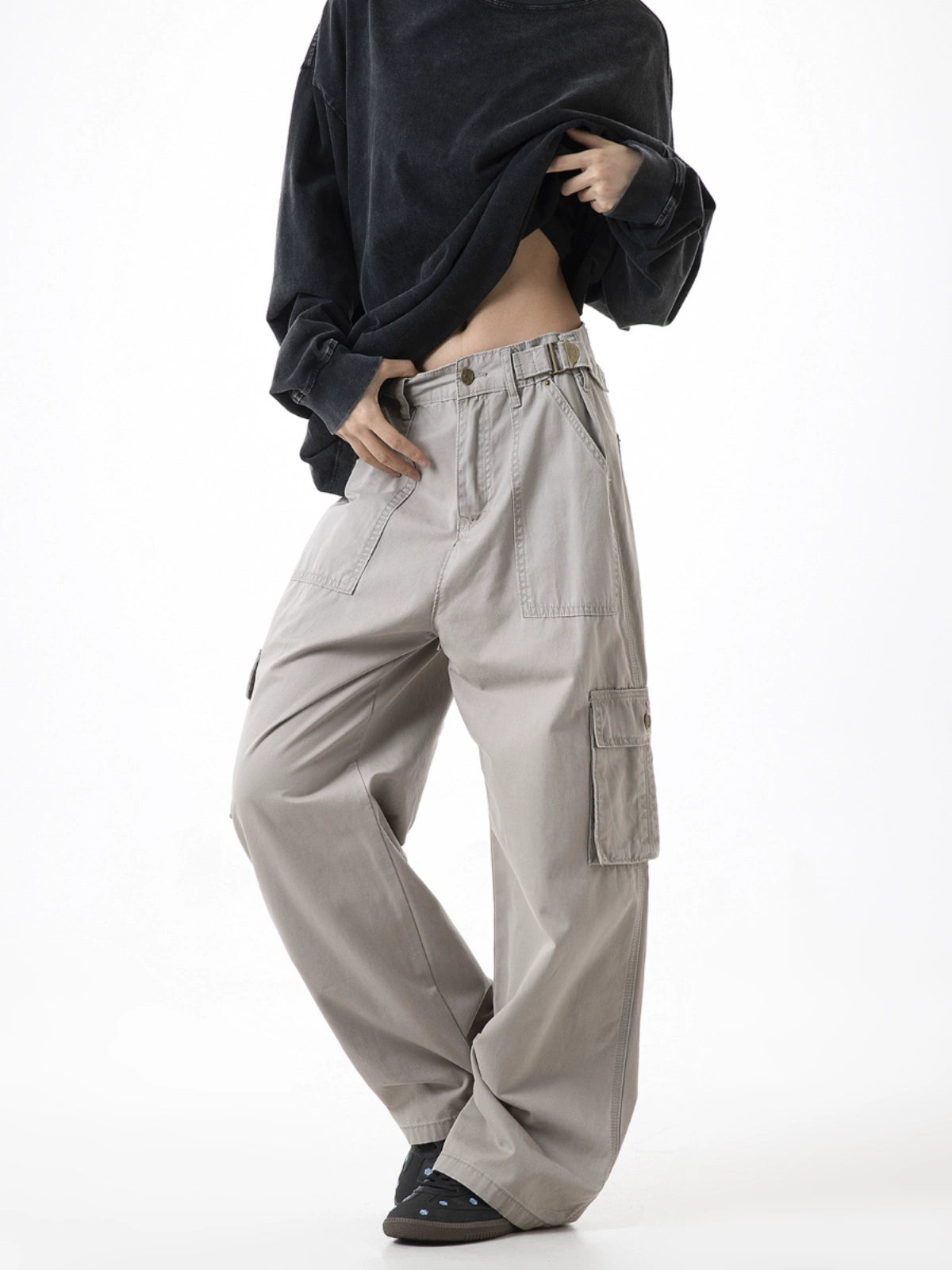 ICH MODE 美式复古口袋工装裤女2025新款秋宽松直筒阔腿休闲裤