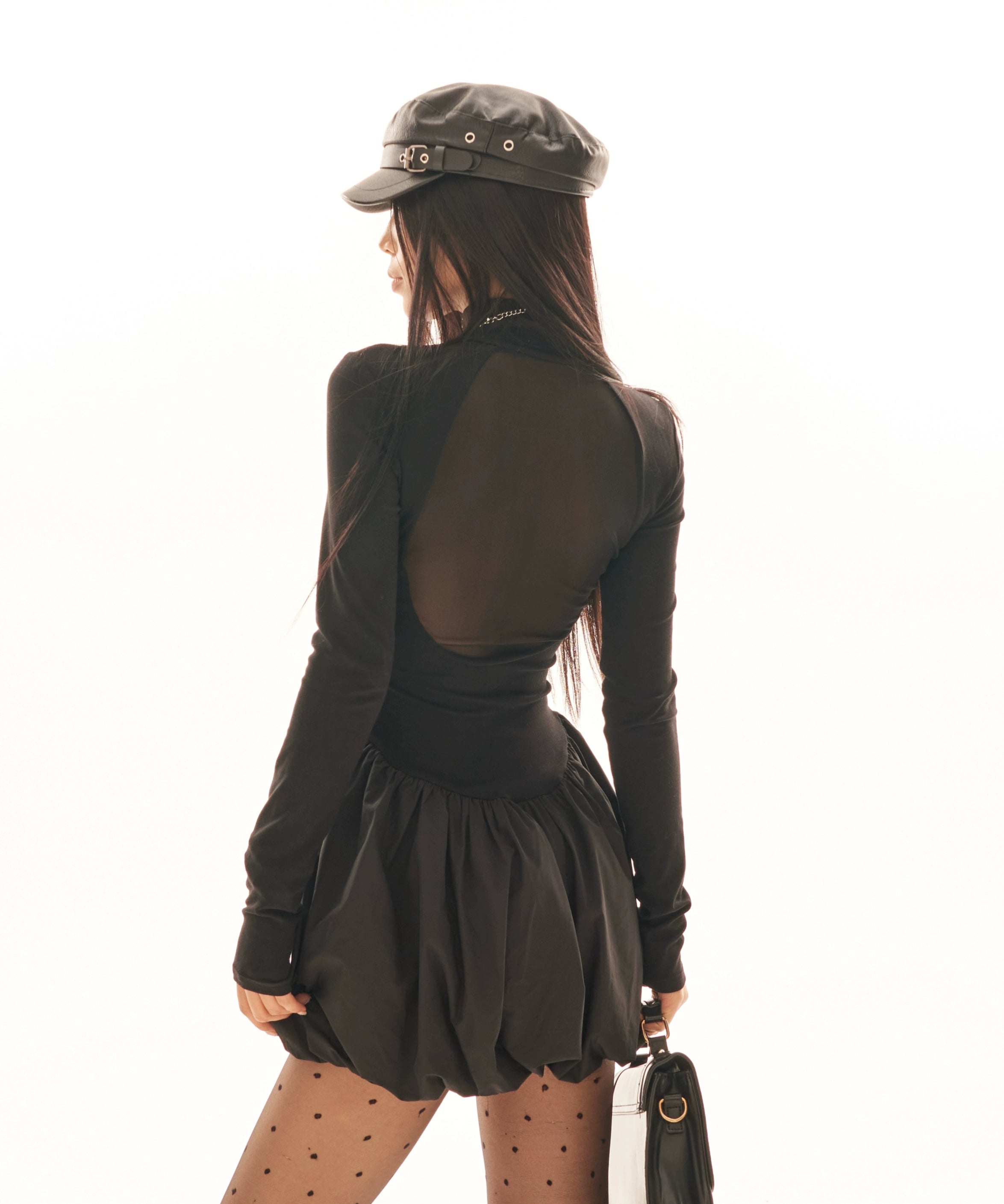 野生zerocircle黑色半高领长袖连衣裙女春秋季显瘦修身花苞短裙子