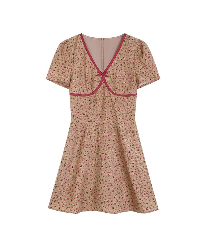 野生zerocircle 咖色碎花v领短袖连衣裙女夏设计感修身显瘦短裙子