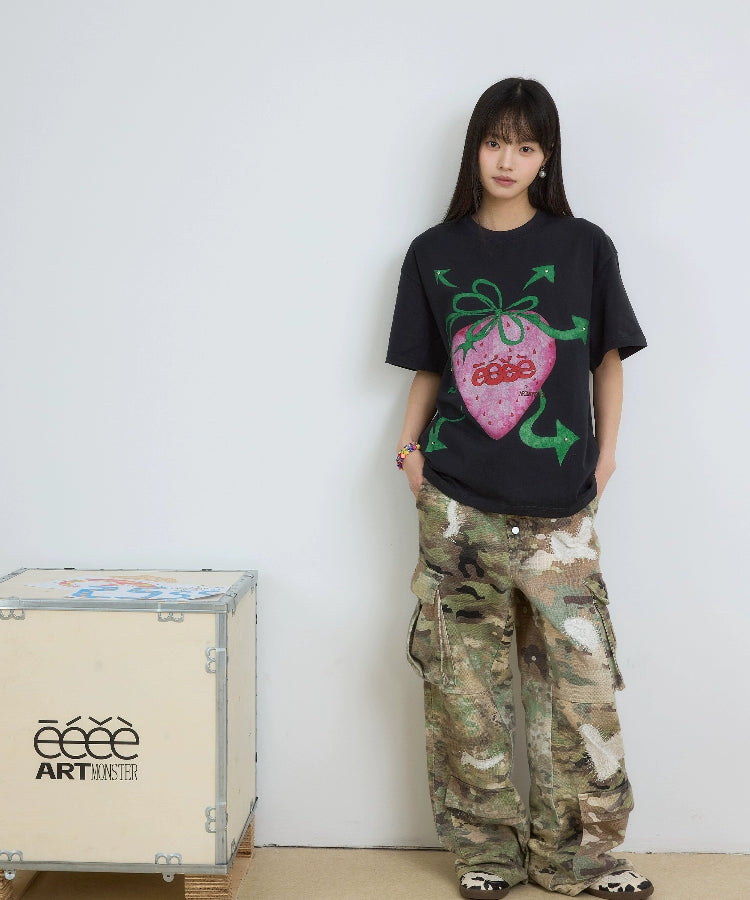 eeeeArtmonster “朋克草莓”手绘草莓短袖镶铆钉小众圆领T恤夏季