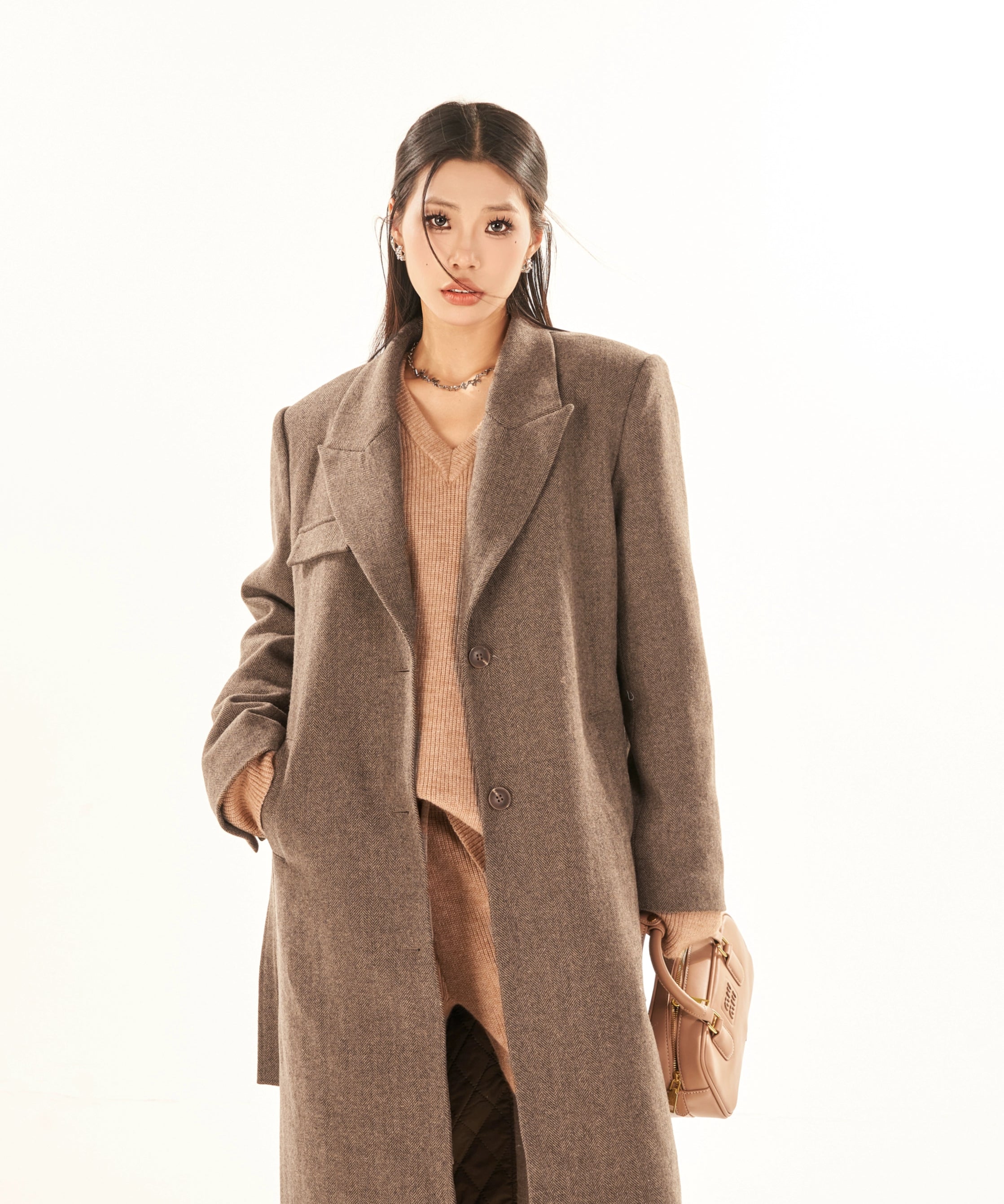 野生zerocircle灰色正肩西装式羊毛呢大衣女冬高级感加厚长款外套