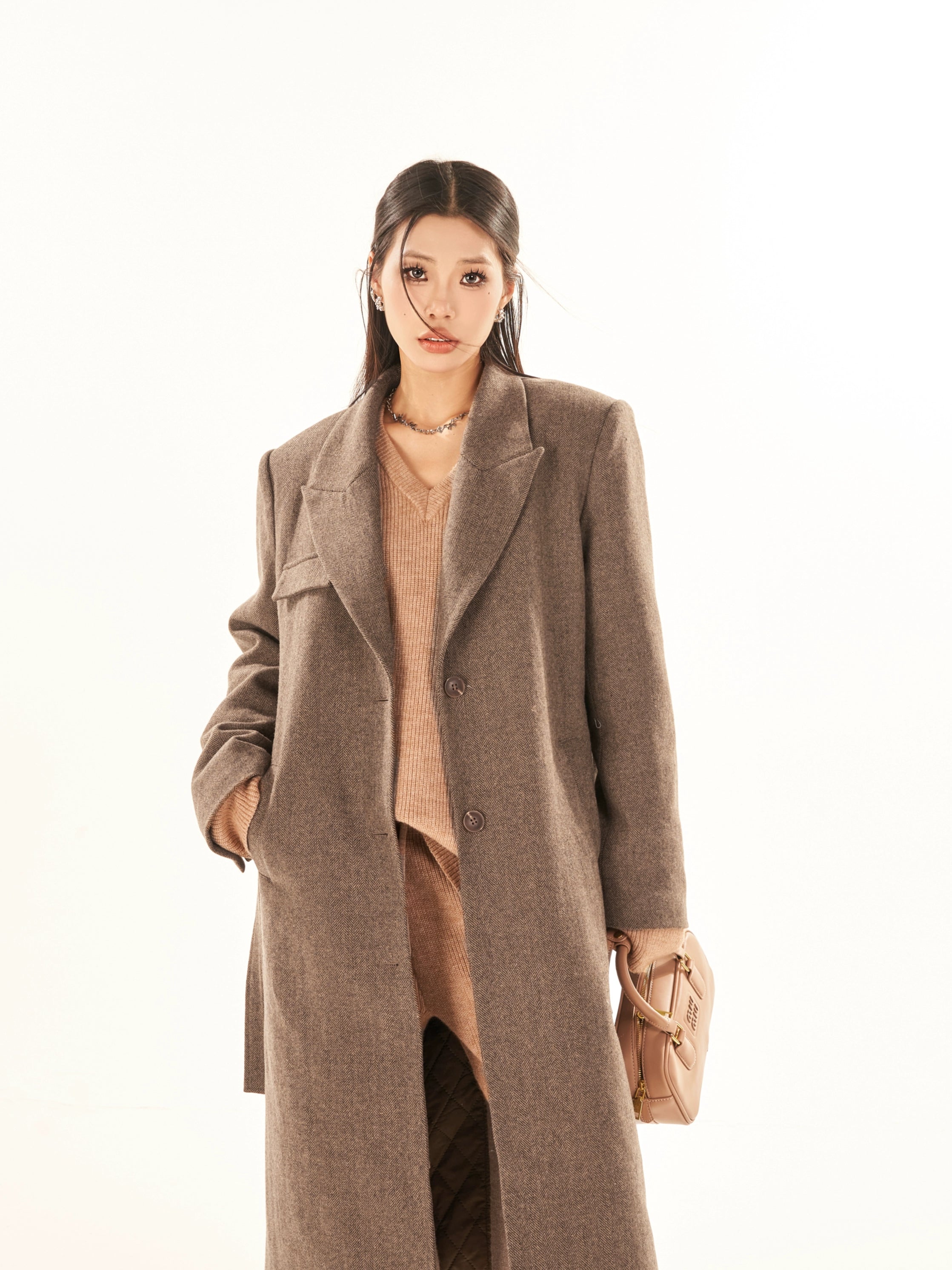 野生zerocircle灰色正肩西装式羊毛呢大衣女冬高级感加厚长款外套