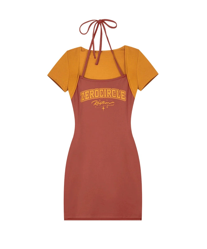 野生zerocircle撞色假两件短袖连衣裙女夏辣妹修身显瘦包臀短裙子