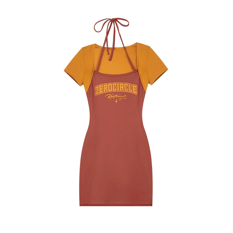 野生zerocircle撞色假两件短袖连衣裙女夏辣妹修身显瘦包臀短裙子