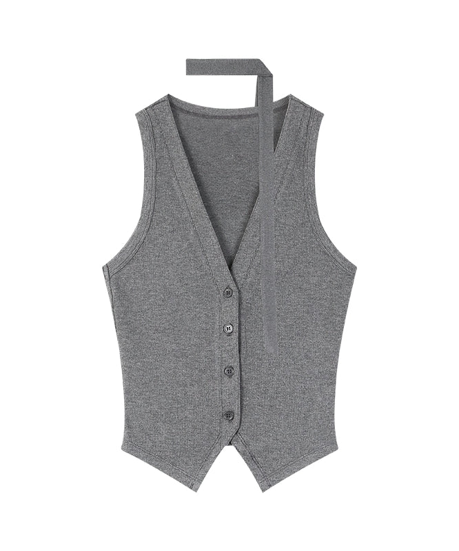 野生zero 黑灰色短款v领无袖马甲背心女夏季外穿辣妹修身显瘦上衣