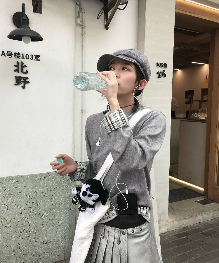 双色V领格纹拼接长袖T恤打底日常通勤搭配TERRAINCOGNITA25SS