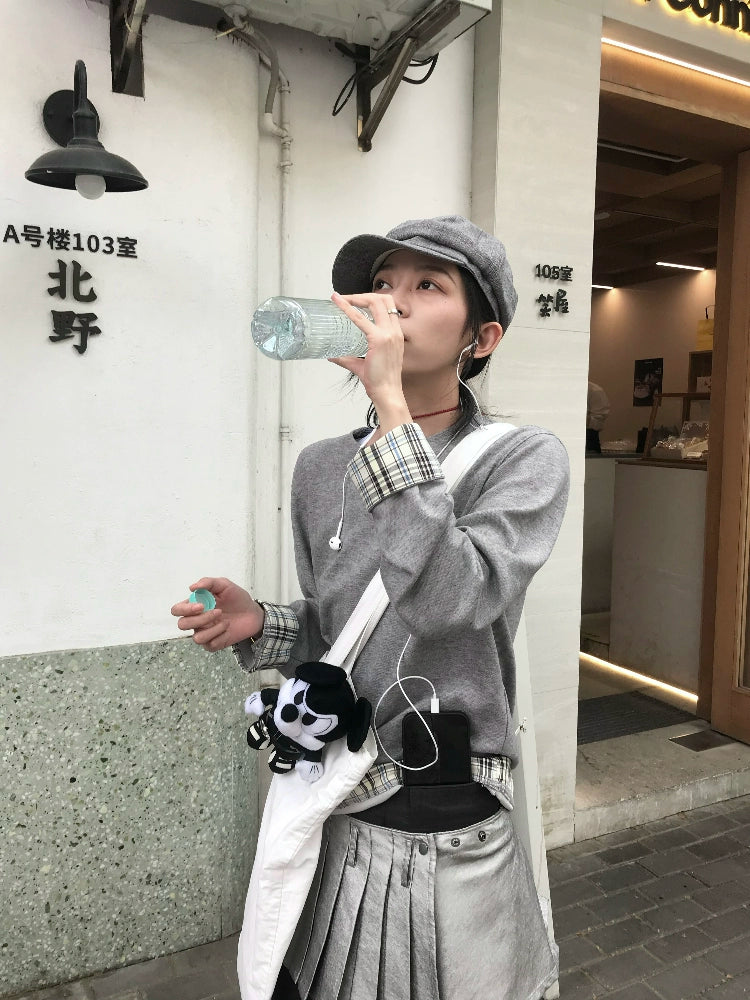 双色V领格纹拼接长袖T恤打底日常通勤搭配TERRAINCOGNITA25SS