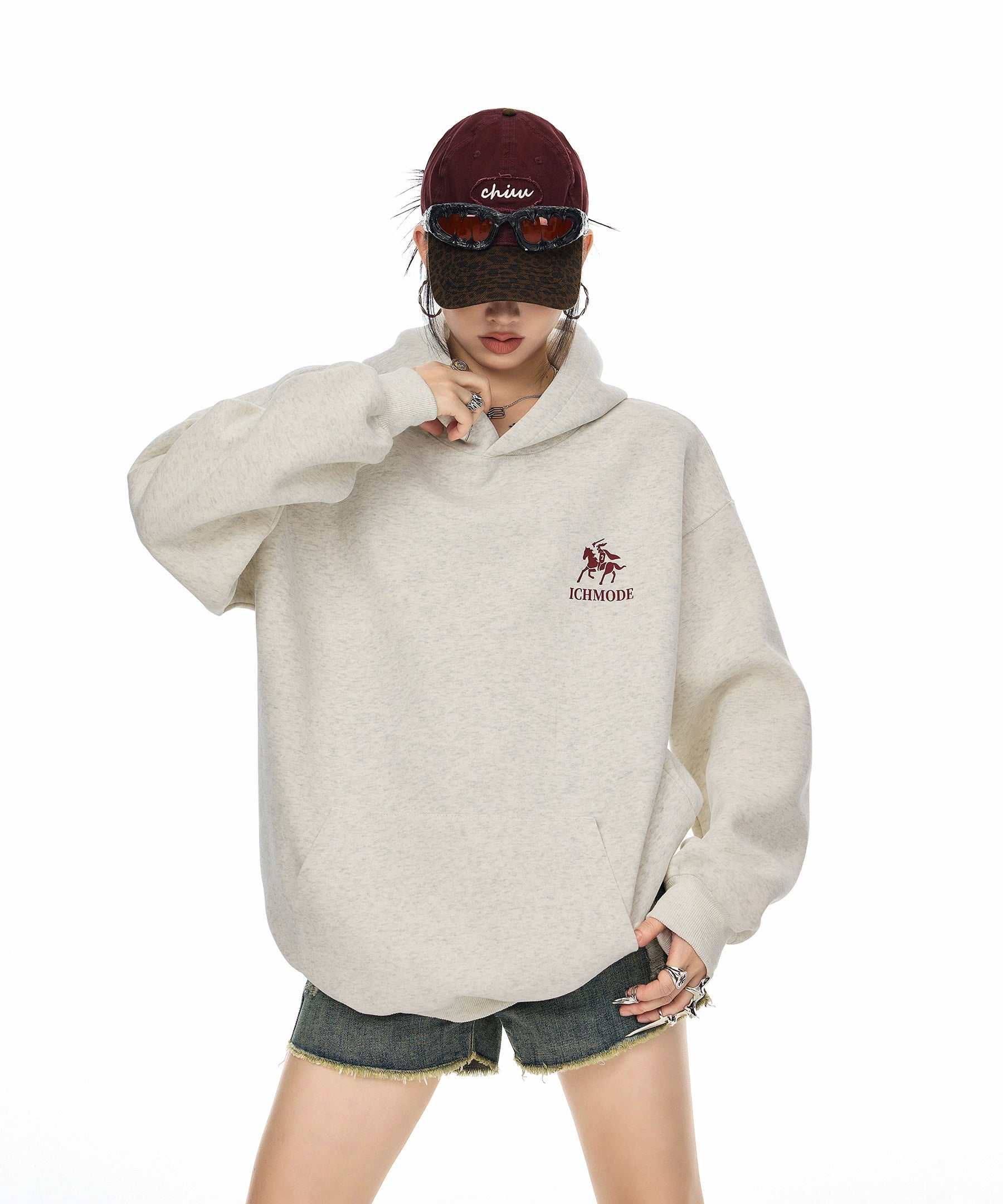 ICH MODE 美式复古印花宽松连帽卫衣女秋冬重磅上衣休闲帽衫外套