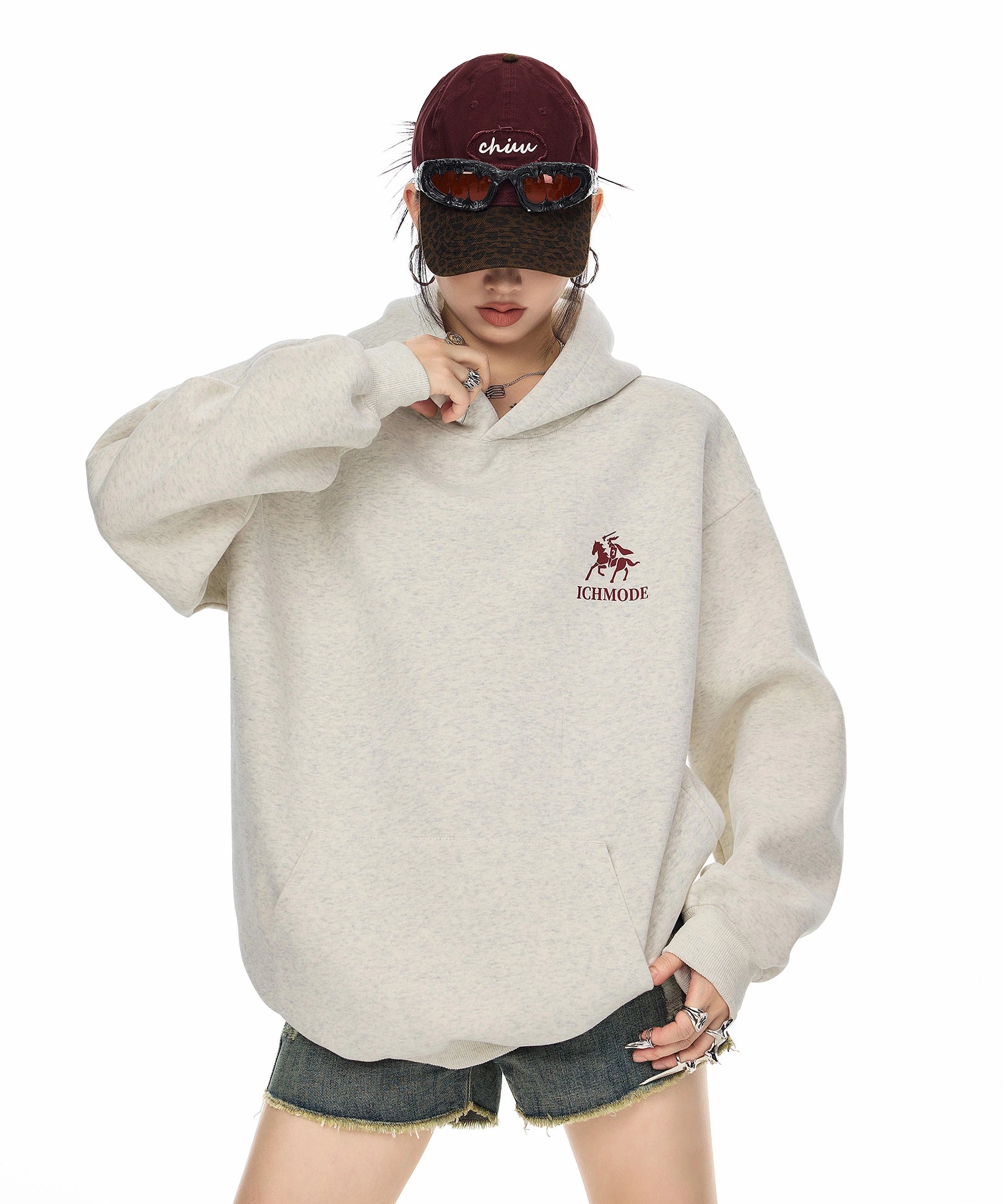 ICH MODE 美式复古印花宽松连帽卫衣女秋冬重磅上衣休闲帽衫外套