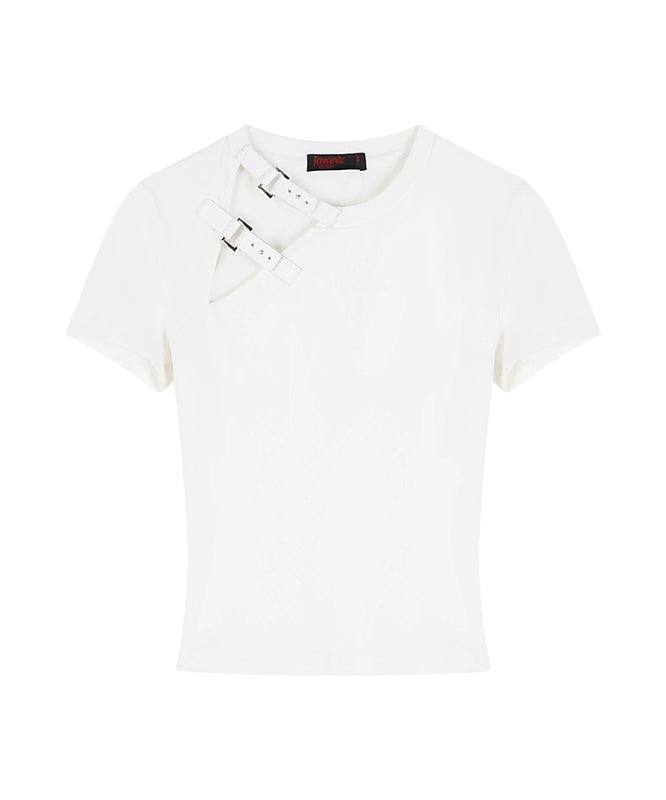 野生zero 白黑色正肩短袖t恤女夏设计感镂空辣妹修身显瘦短款上衣