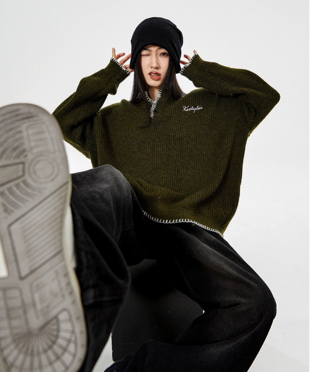 ICH MODE 美式复古亨利领毛衣女2025新款冬季宽松慵懒风针织上衣