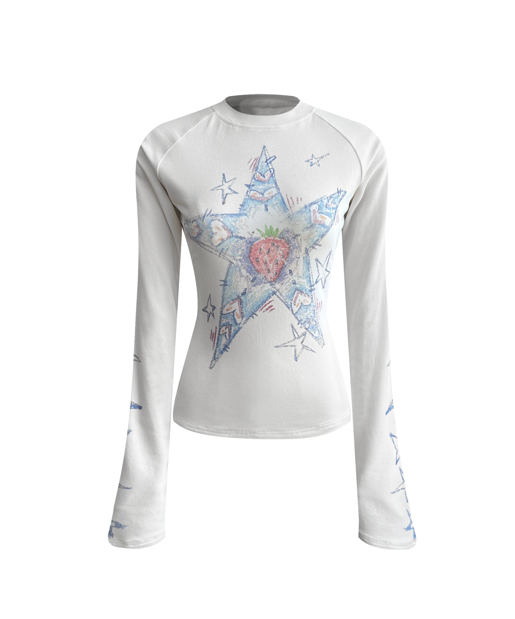 eeeeArtmonster“星星草莓多士”蜡笔手绘涂鸦长袖T恤辣妹打底衫