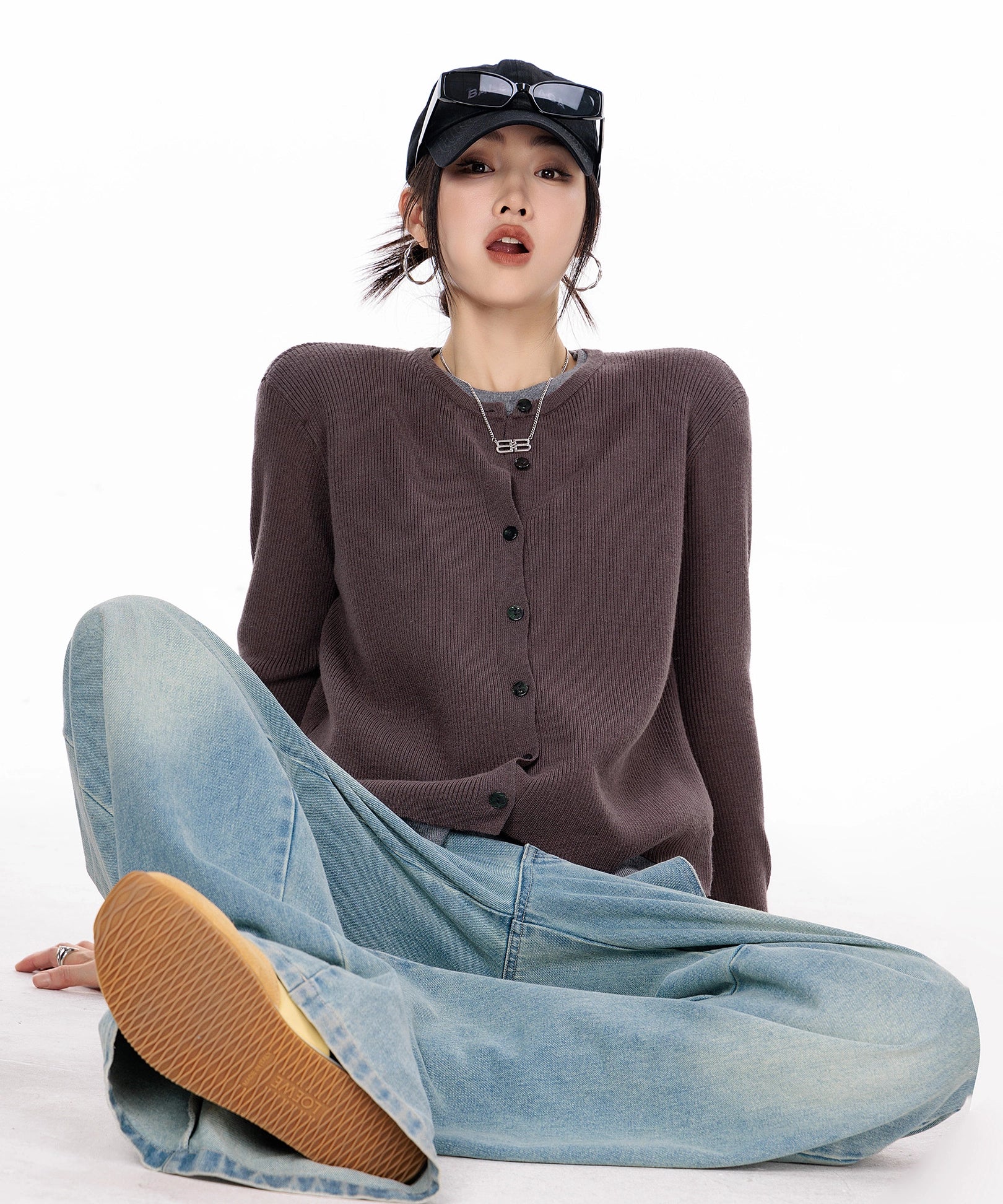 ICH MODE 美式复古修身针织开衫女2025秋冬新款外搭长袖毛衣外套