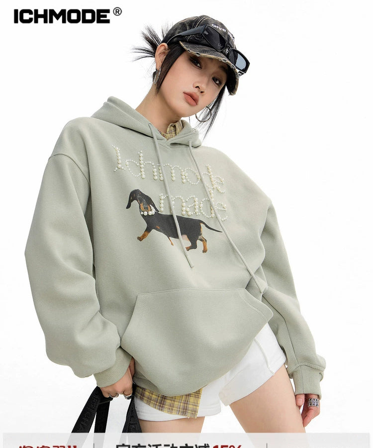 ICH MODE 美式复古珍珠连帽卫衣女秋冬新款宽松休闲百搭上衣外套