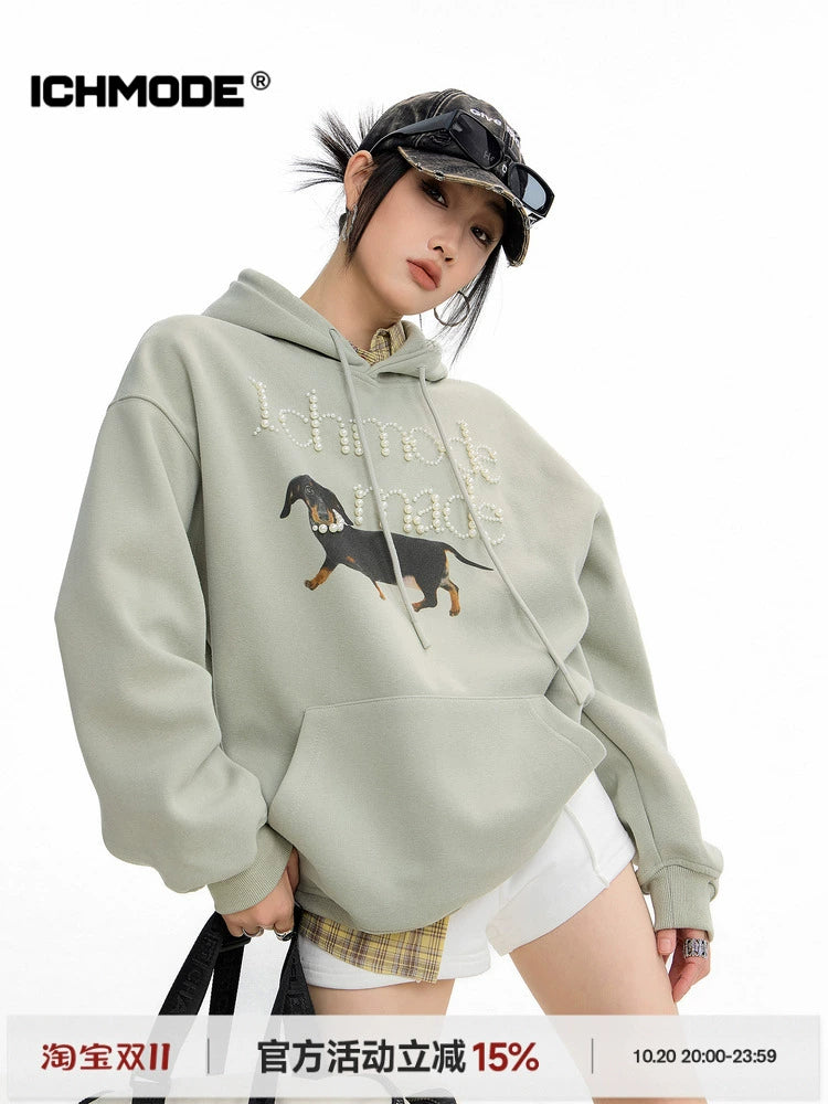 ICH MODE 美式复古珍珠连帽卫衣女秋冬新款宽松休闲百搭上衣外套