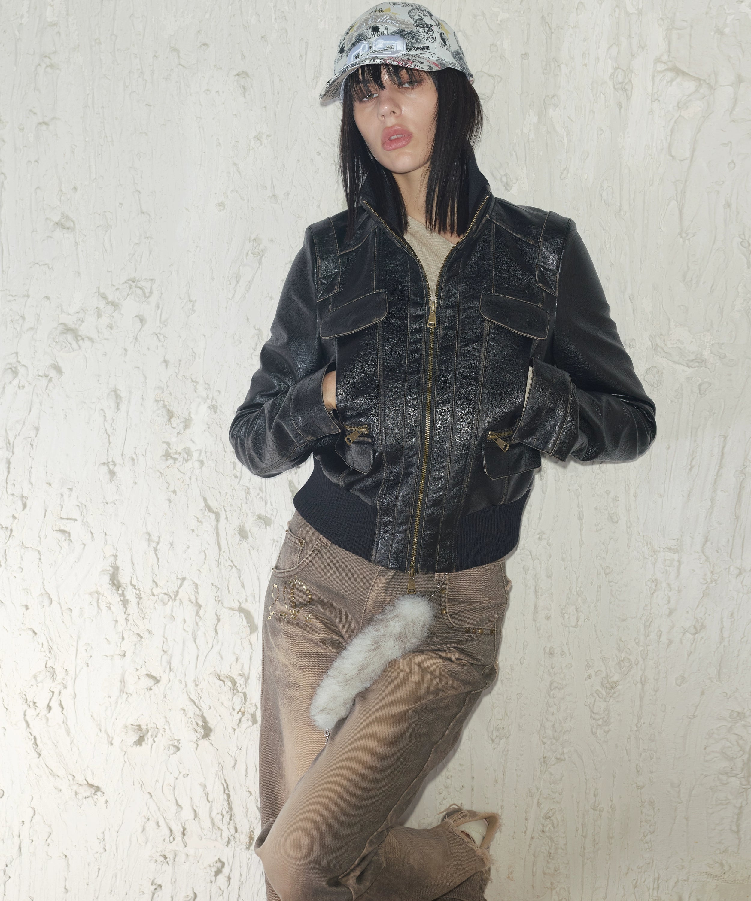 2th Desire朋克感做旧擦色立领修身拉链正肩短款机车皮衣夹克外套