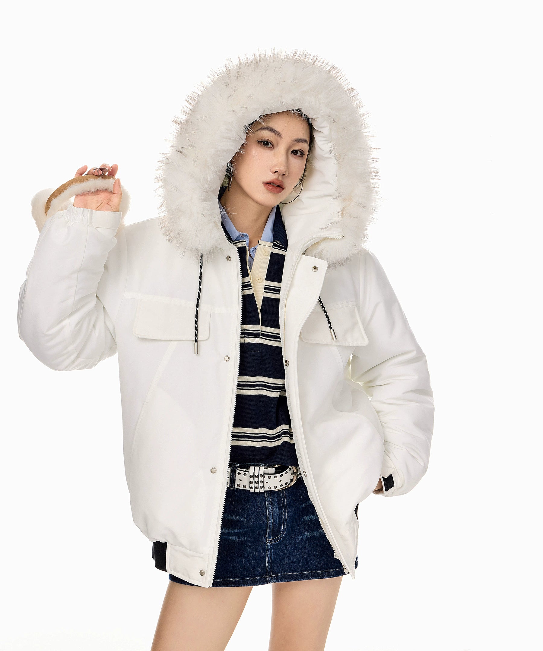 ICH MODE 美式复古毛领连帽棉服女2025新款冬季工装外套保暖棉衣