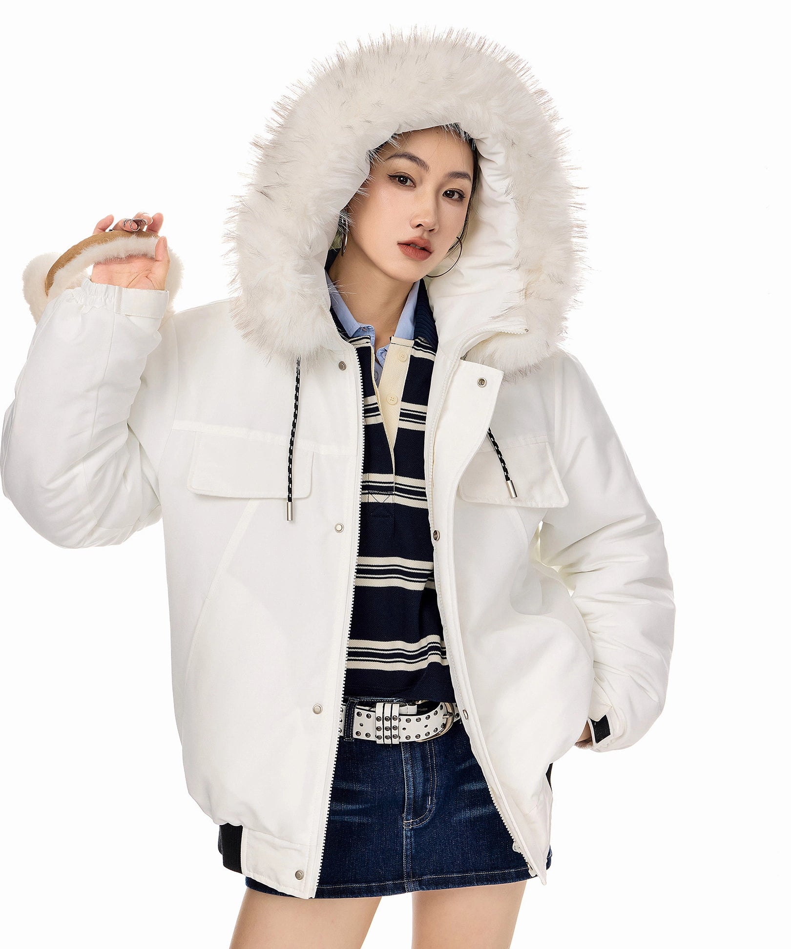 ICH MODE 美式复古毛领连帽棉服女2025新款冬季工装外套保暖棉衣