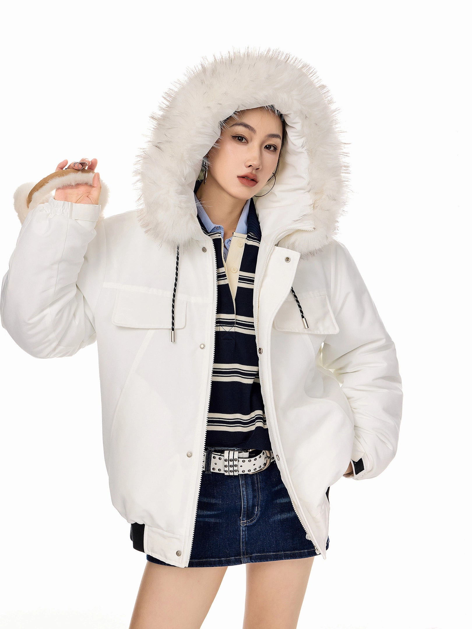 ICH MODE 美式复古毛领连帽棉服女2025新款冬季工装外套保暖棉衣