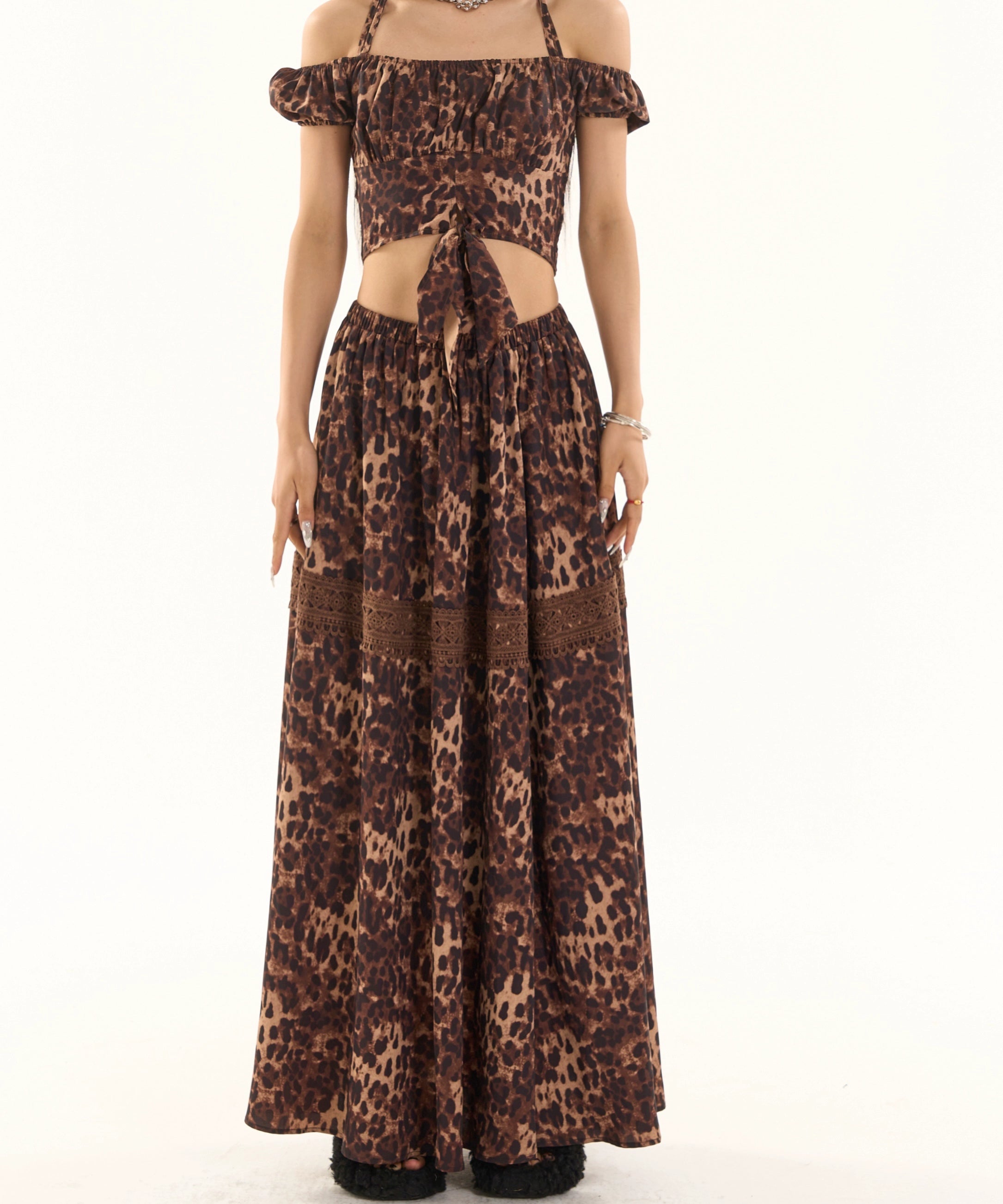 野生zero 辣妹套装裙女夏一字肩泡泡袖挂脖短款小衫上衣a字长裙子