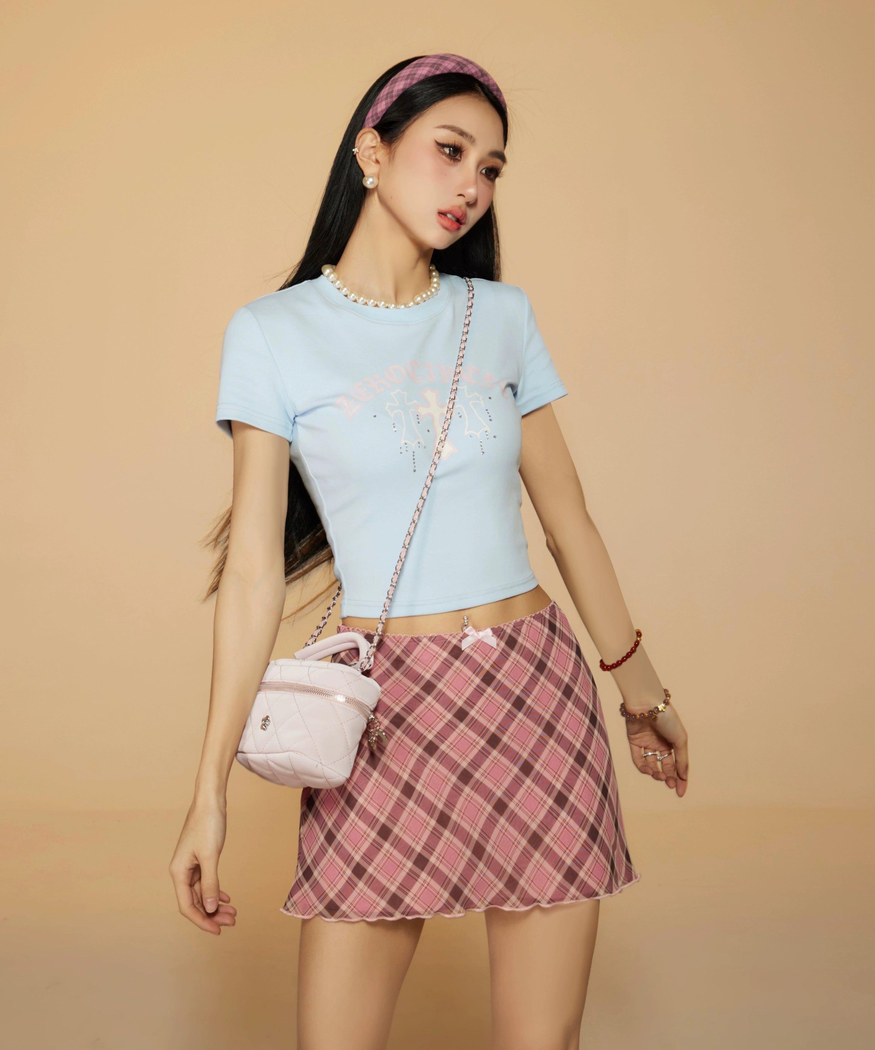 野生zero 粉色雪纺格子半身裙女春夏设计感高腰辣妹显瘦a字短裙子