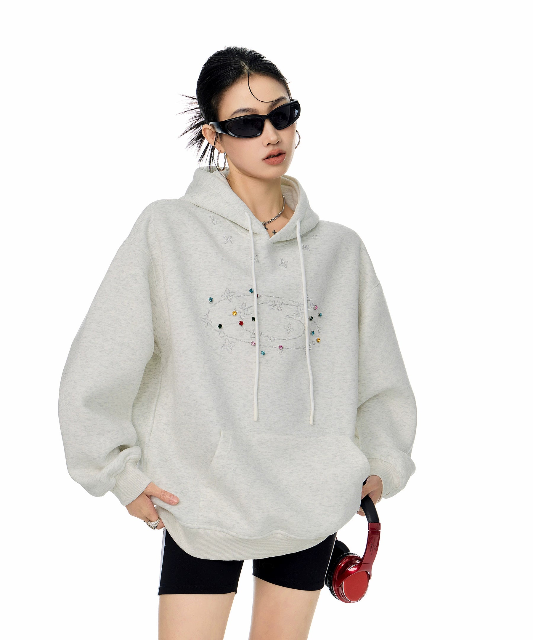 ICH MODE 美式复古烫钻连帽卫衣女2025秋冬新款运动休闲长袖上衣