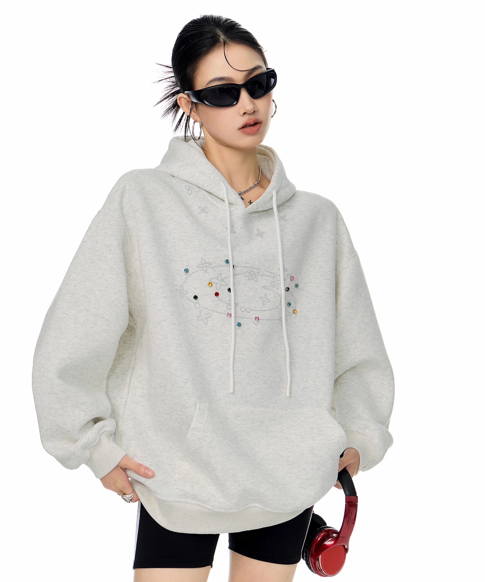 ICH MODE 美式复古烫钻连帽卫衣女2025秋冬新款运动休闲长袖上衣