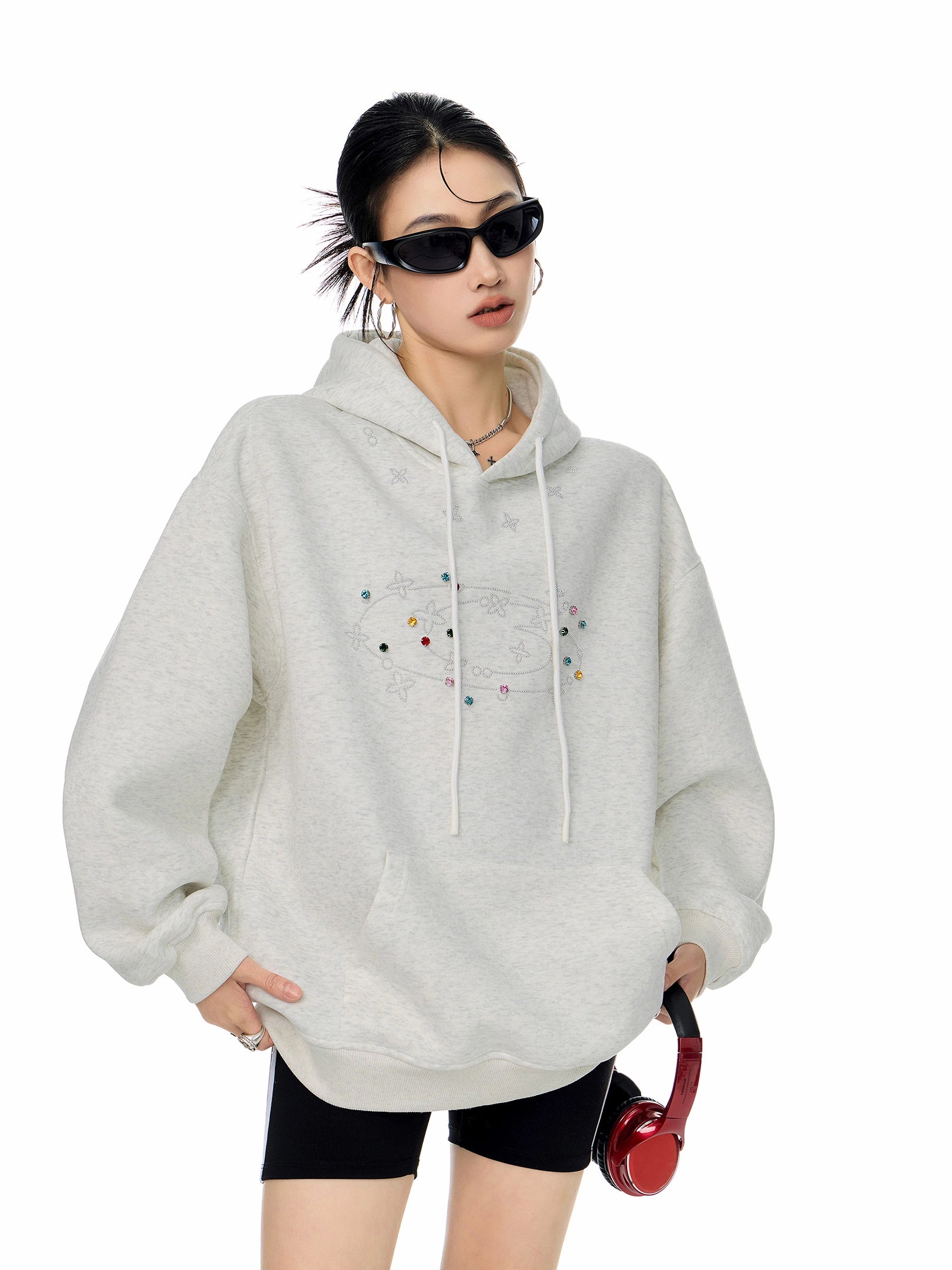 ICH MODE 美式复古烫钻连帽卫衣女2025秋冬新款运动休闲长袖上衣