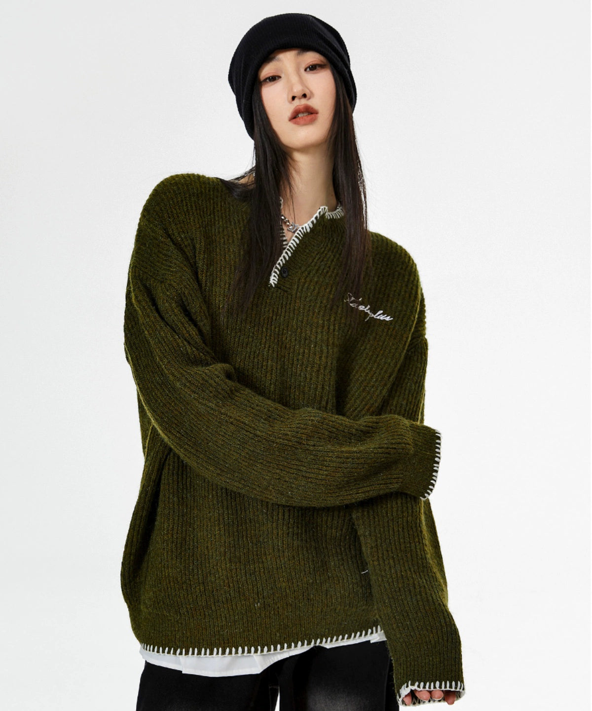 ICH MODE 美式复古亨利领毛衣女2025新款冬季宽松慵懒风针织上衣