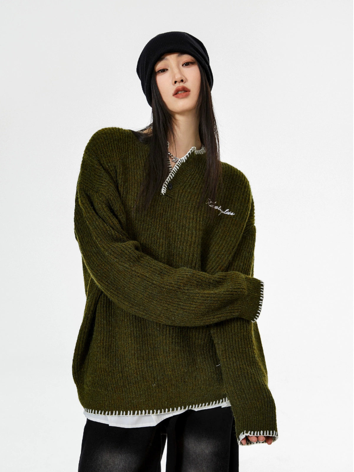 ICH MODE 美式复古亨利领毛衣女2025新款冬季宽松慵懒风针织上衣