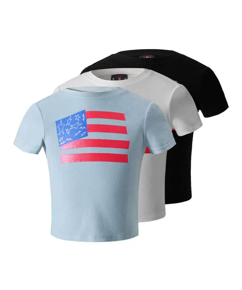 闪粉印花性感紧身高弹辣妹短款美式T恤羊绒圆领短袖女