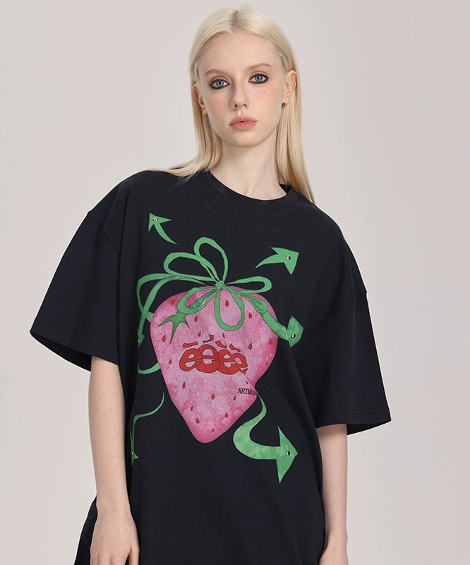 eeeeArtmonster “朋克草莓”手绘草莓短袖镶铆钉小众圆领T恤夏季