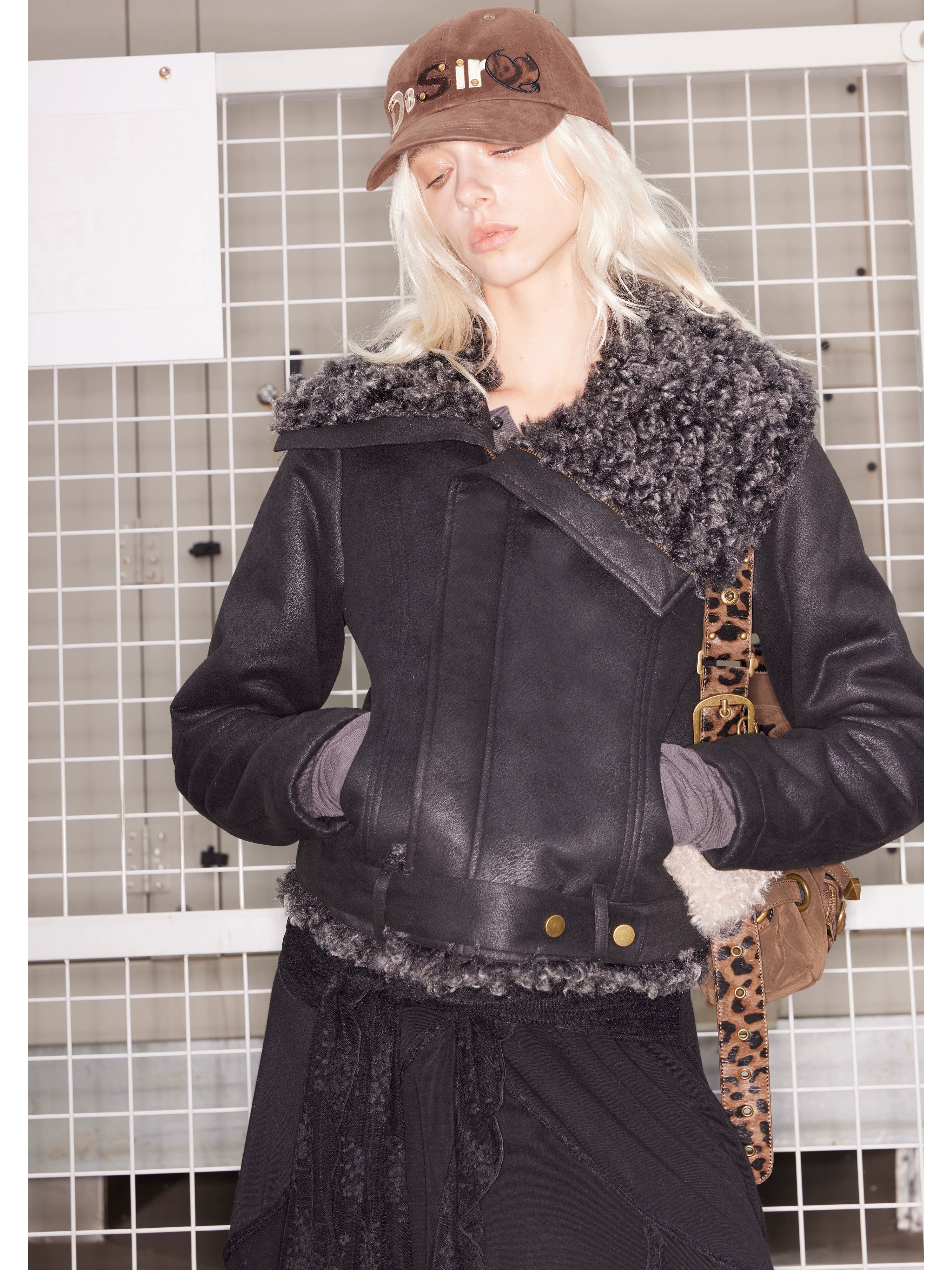 2th Desire不对称毛绒翻领皮毛一体外套加绒加厚短款修身机车夹克