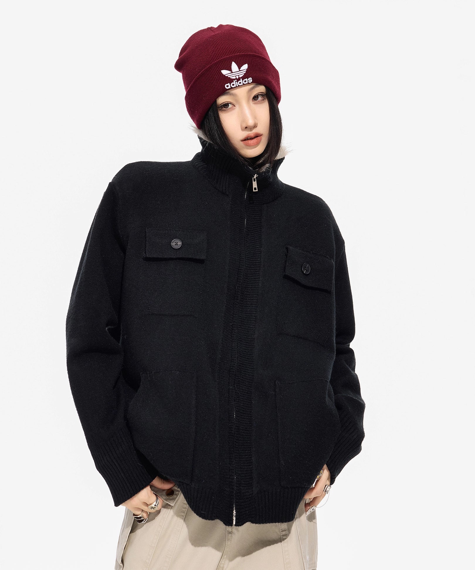 ICH MODE 美式内胆加绒毛针织开衫女秋冬季高领毛衣外套2025新款