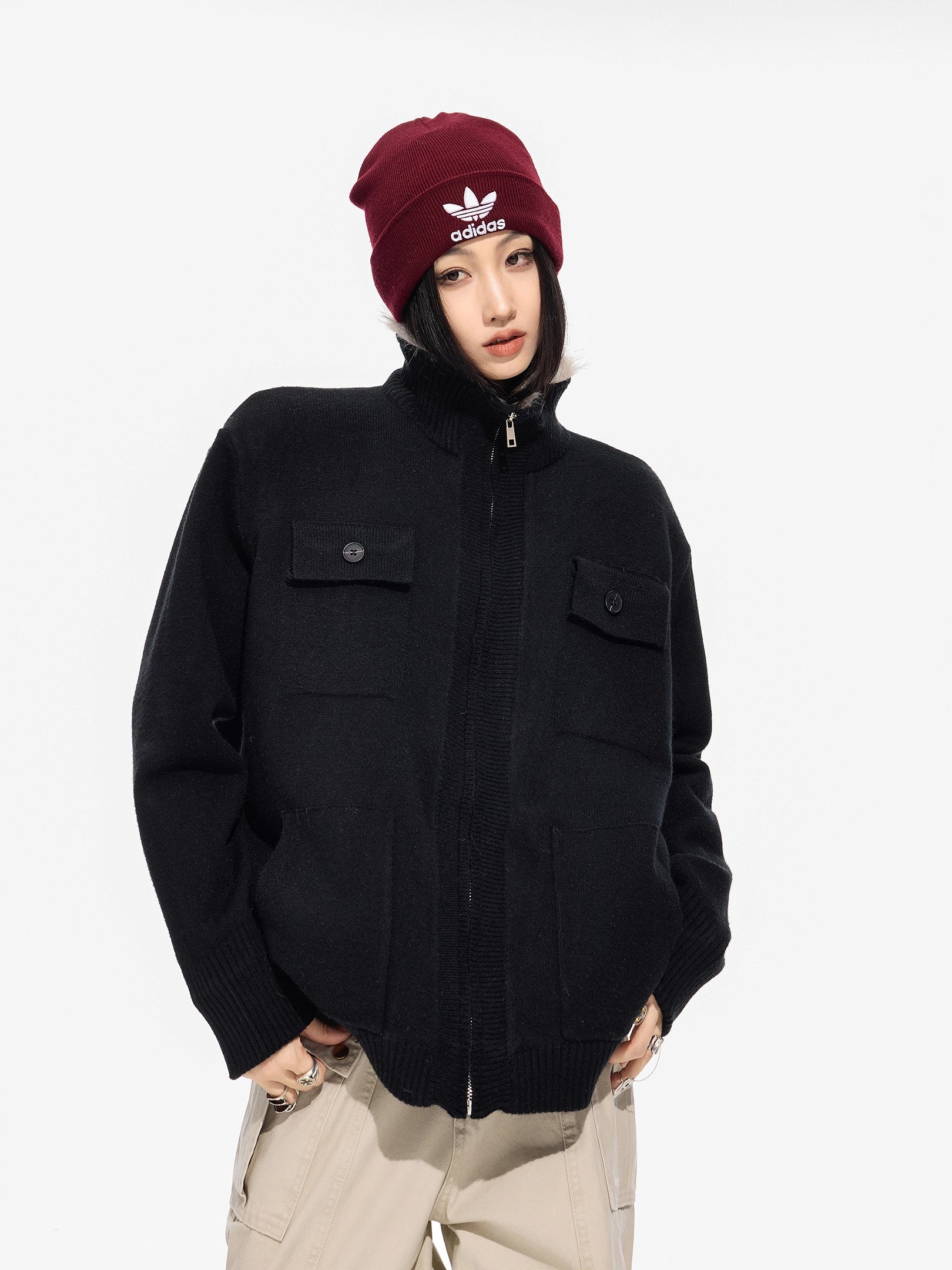 ICH MODE 美式内胆加绒毛针织开衫女秋冬季高领毛衣外套2025新款