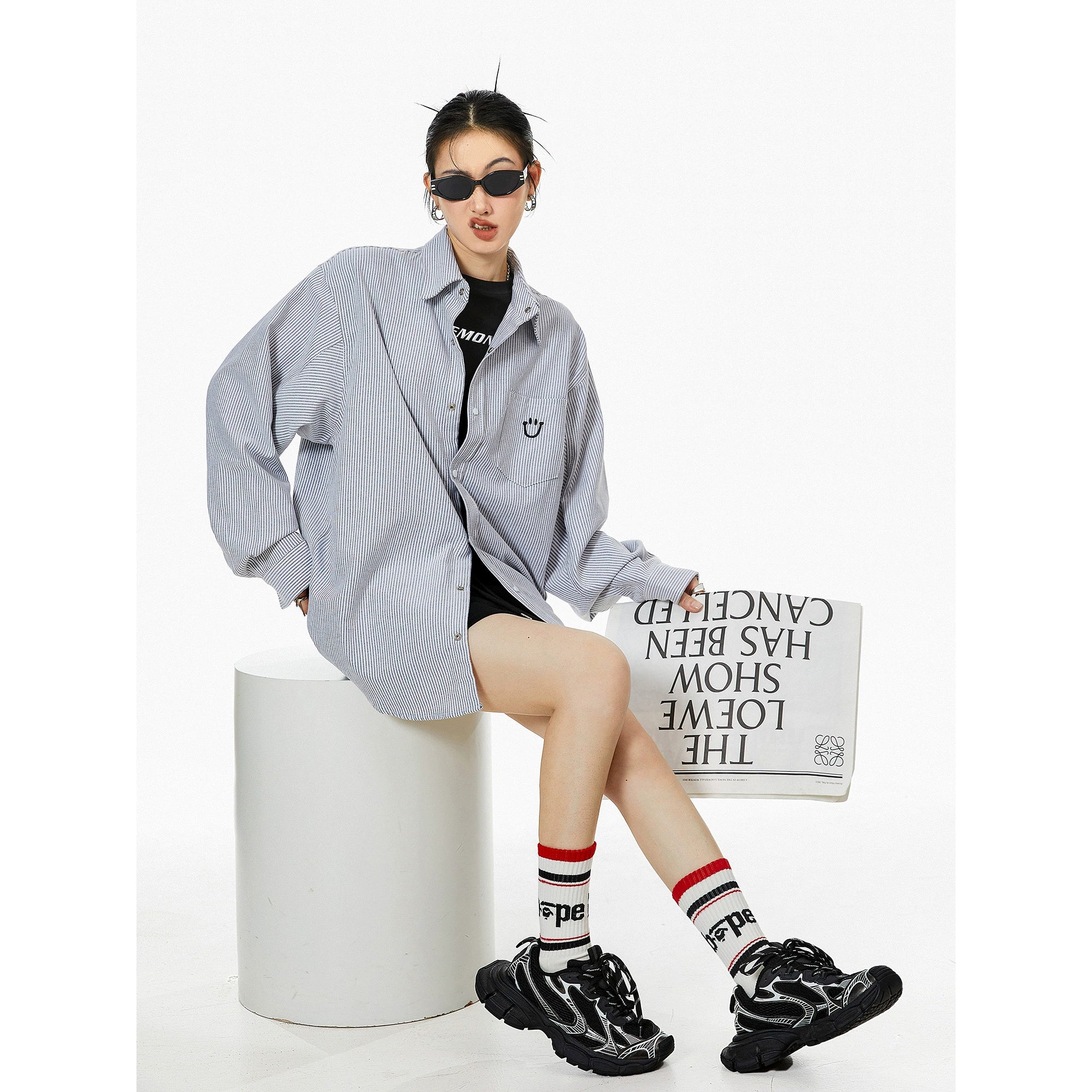 ICH MODE 美式复古条纹衬衫女秋2025新款宽松流行衬衣外套上衣