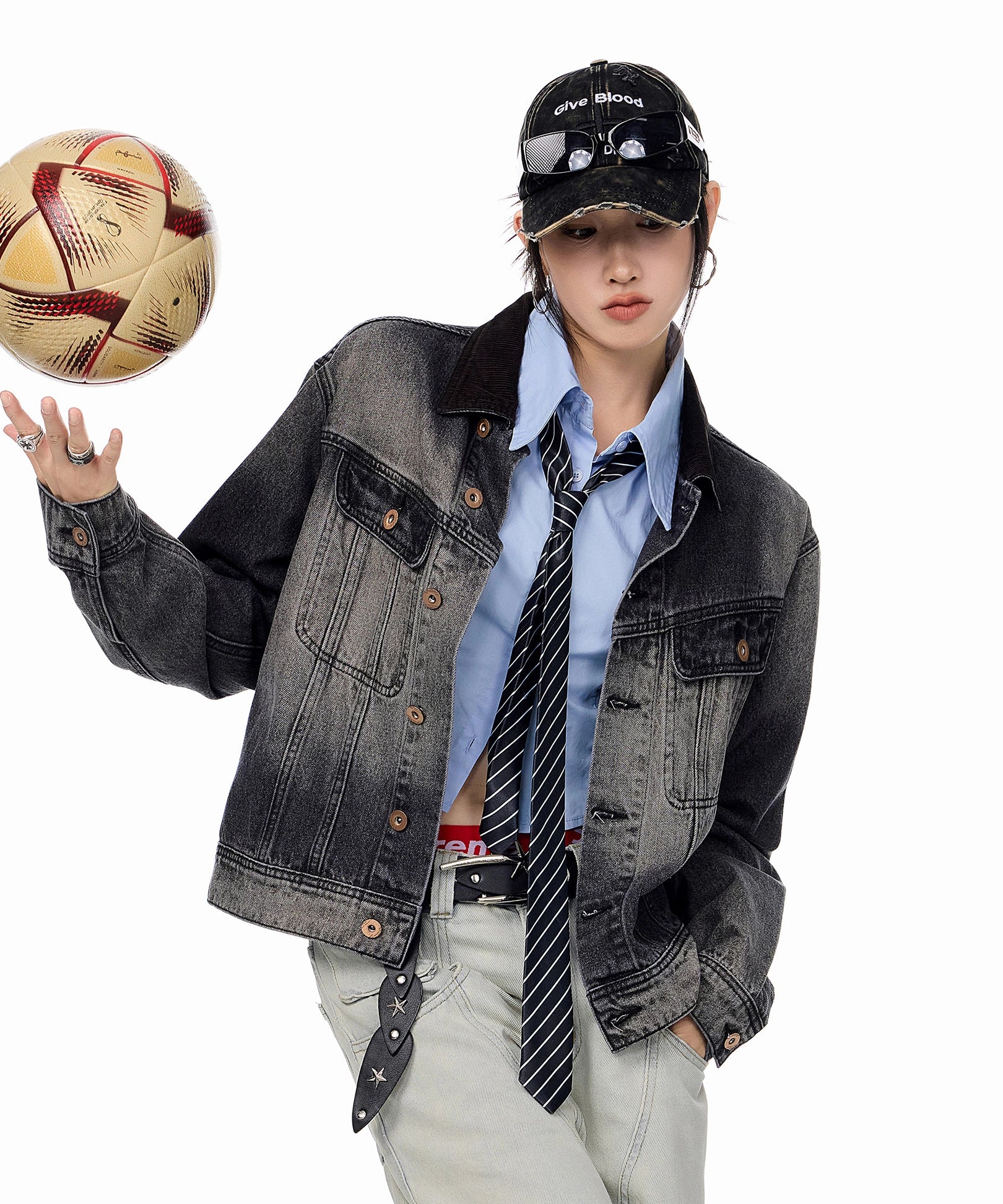 ICH MODE 美式复古水洗做旧牛仔外套女2025秋冬新款翻领夹克上衣