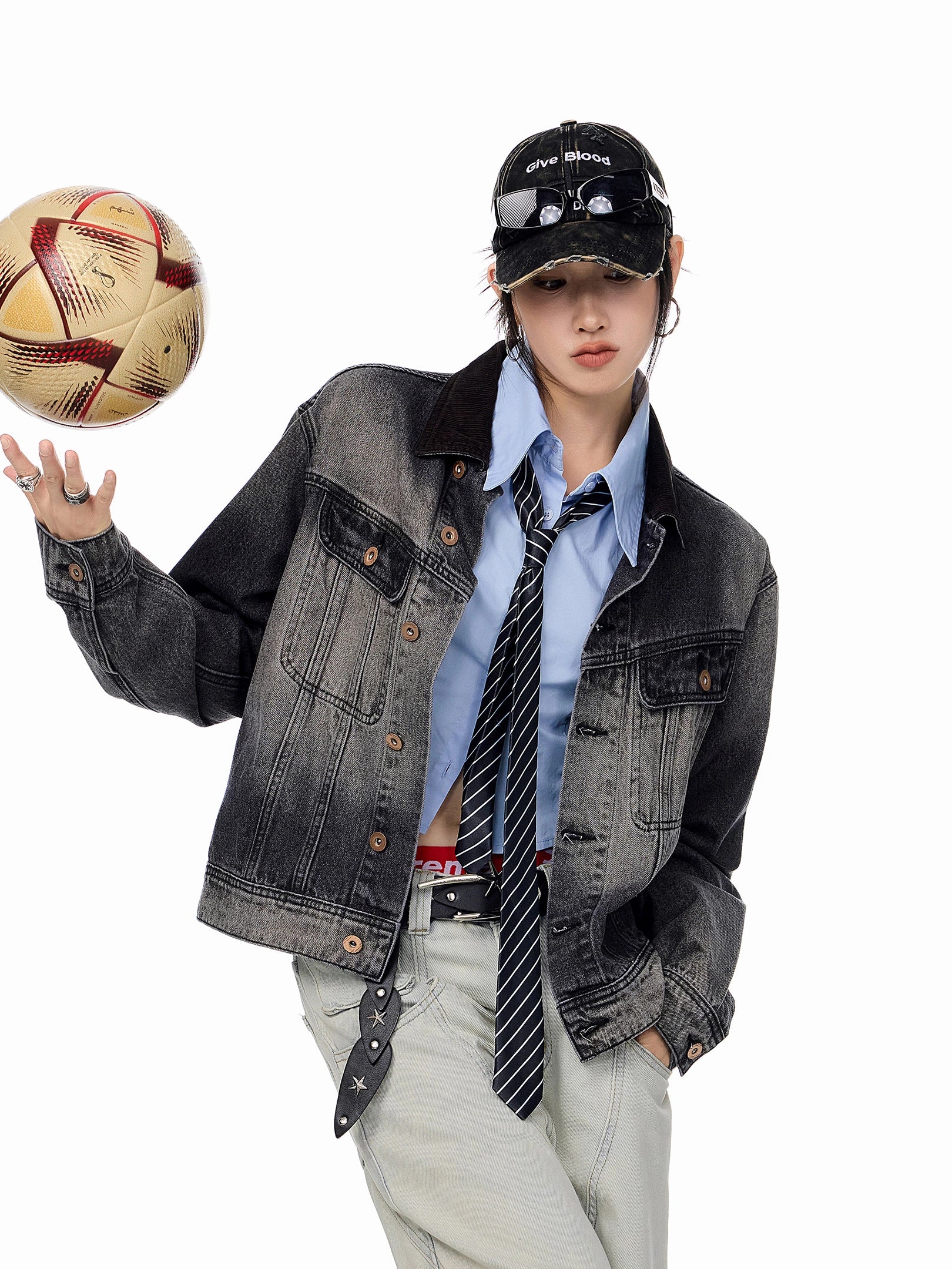 ICH MODE 美式复古水洗做旧牛仔外套女2025秋冬新款翻领夹克上衣